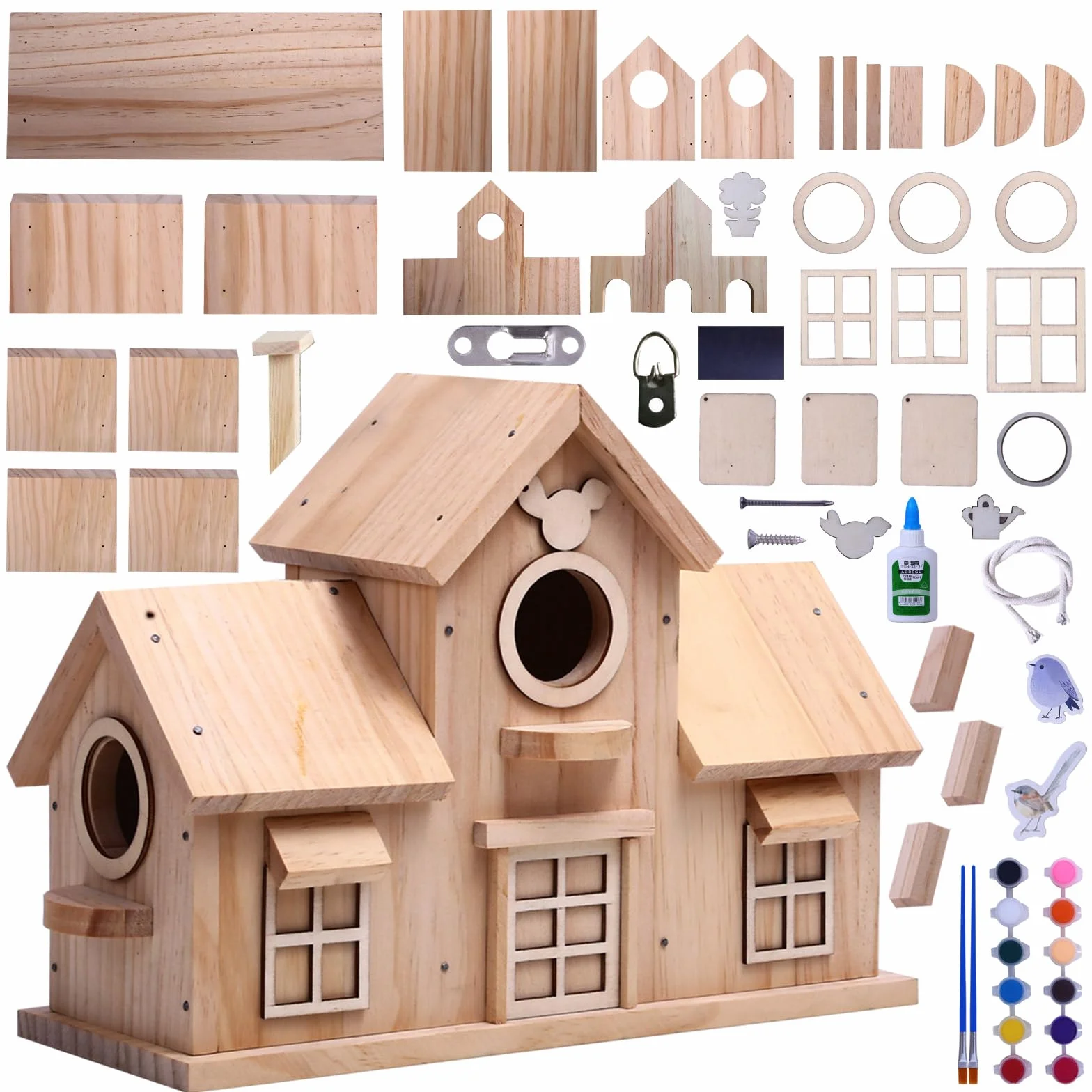 Nichoir à oiseaux décoratif en bois pin naturel double entrée
