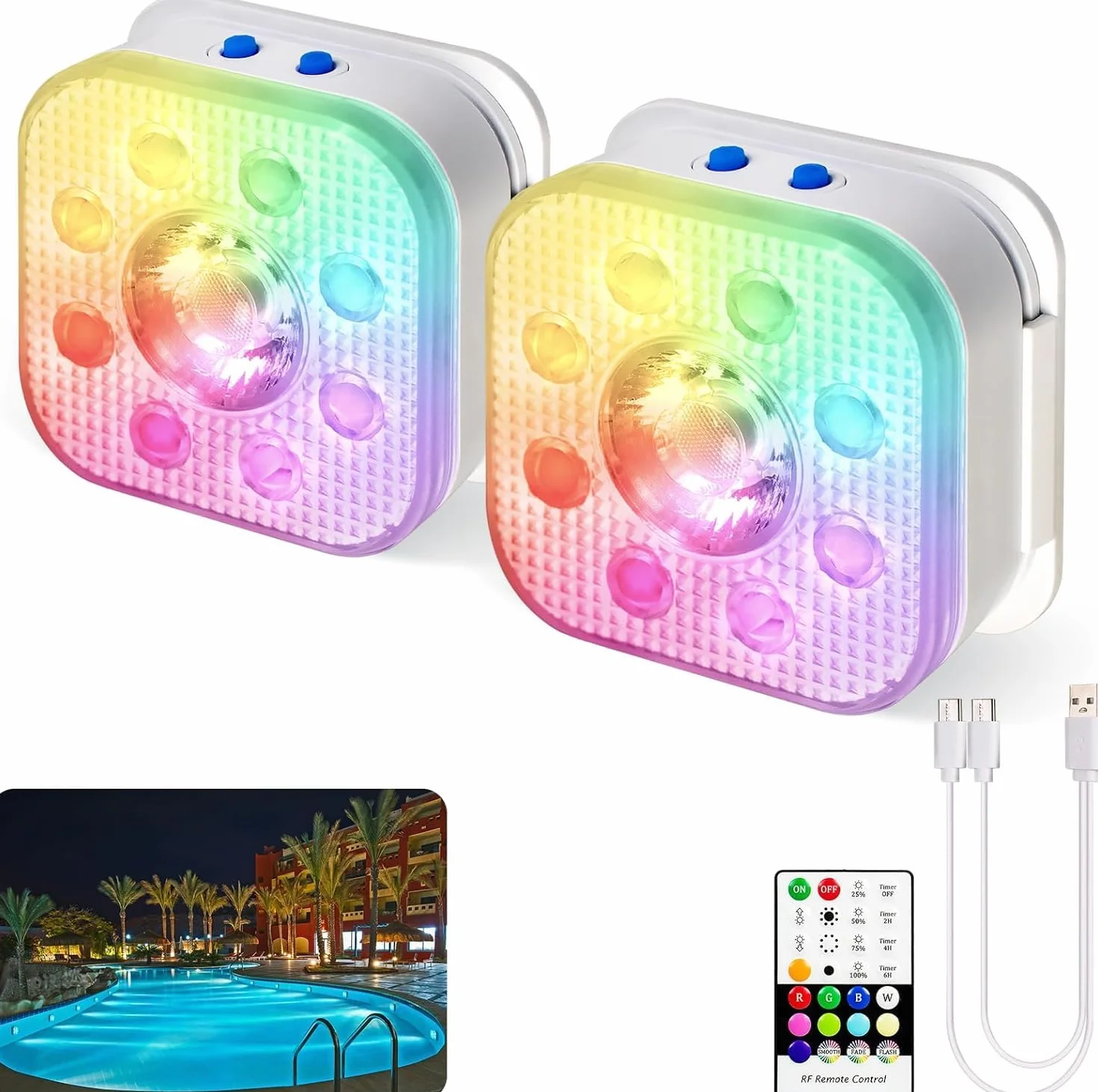 Lampes LED Submersibles Rechargeables IP68, Lot de 2, 16 Couleurs, Télécommande, Fixation Magnétique, HL Lumière