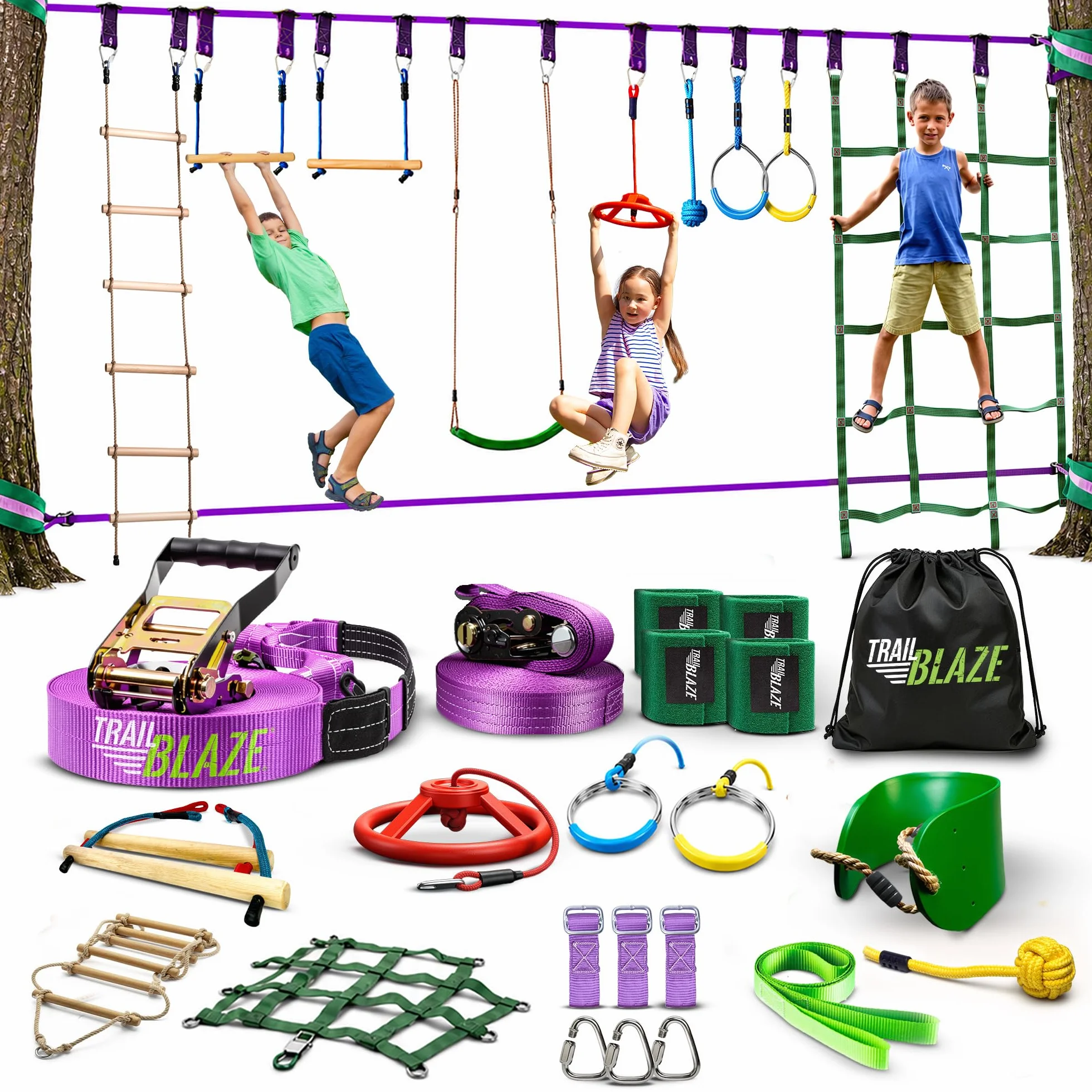 Trailblaze Ninja Warrior Slackline Kit Parcours d'obstacles pour Enfants | Slacklines avec Cliquet,balangoire, Anneaux, Échelle De Corde | Équipement De Jeu Extérieur pour Filles Et Garçons