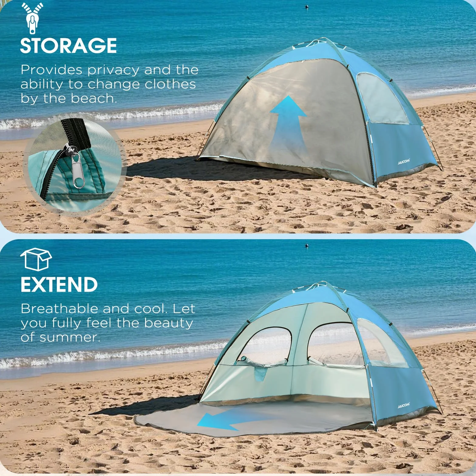 Tente de plage JAICOM pour 2 à 3 personnes, avec protection UV UPF 50+, légère, montage rapide, fenêtres aérées, famille, plage, jardin, camping