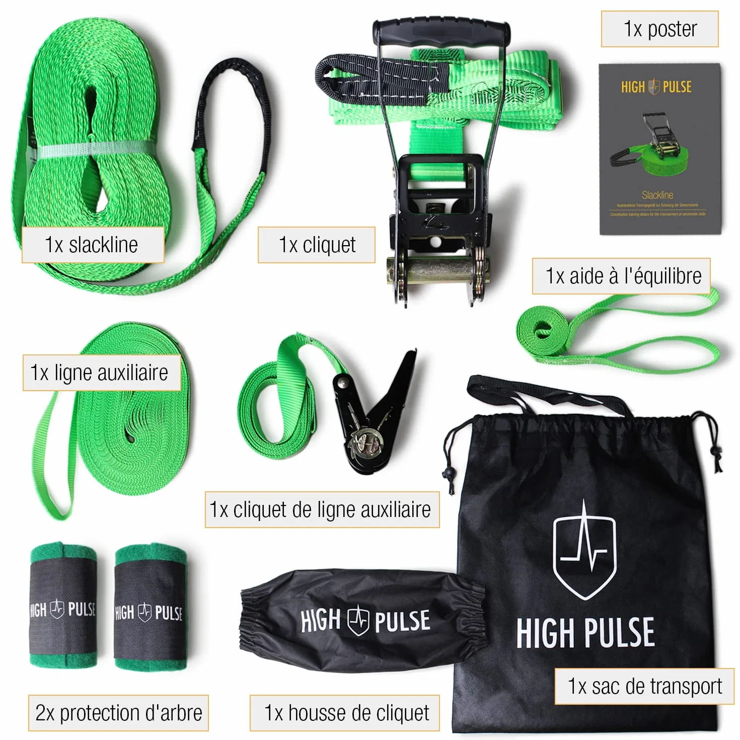 High Pulse Slackline - Kit Complet pour Adultes Débutants et Confirmés - Slackline 15m avec Sac de Transport, Sangle à Cliquet et Protection Arbre - Sport d'Équilibre Facile à Installer dans le Jardin