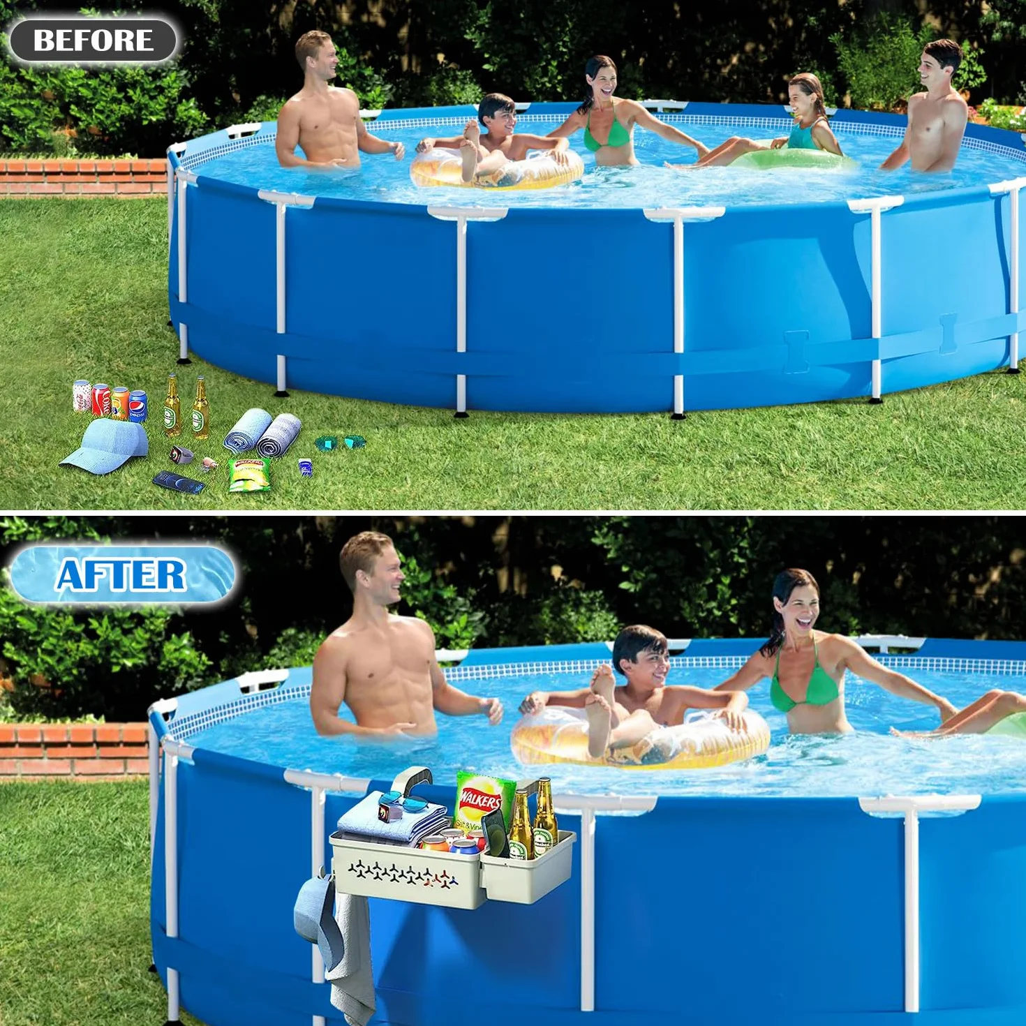 Panier de Rangement au Bord de Piscine avec Porte-Gobelet, Accessoires pour Jouets et Serviettes, Gris