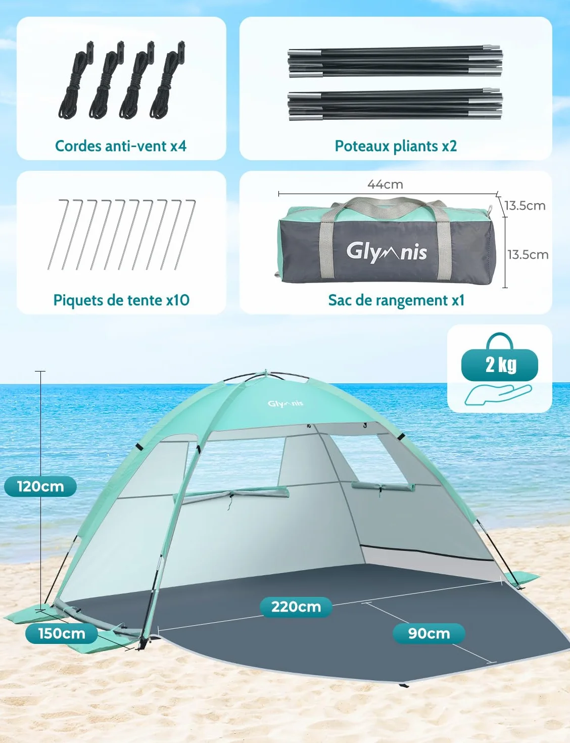 Glymnis Tente de Plage, Tente Anti-UV, Protection UPF 50+, Abri de Plage Facile à Installer et à Transporter pour Plage, Parc, Camping et pêche
