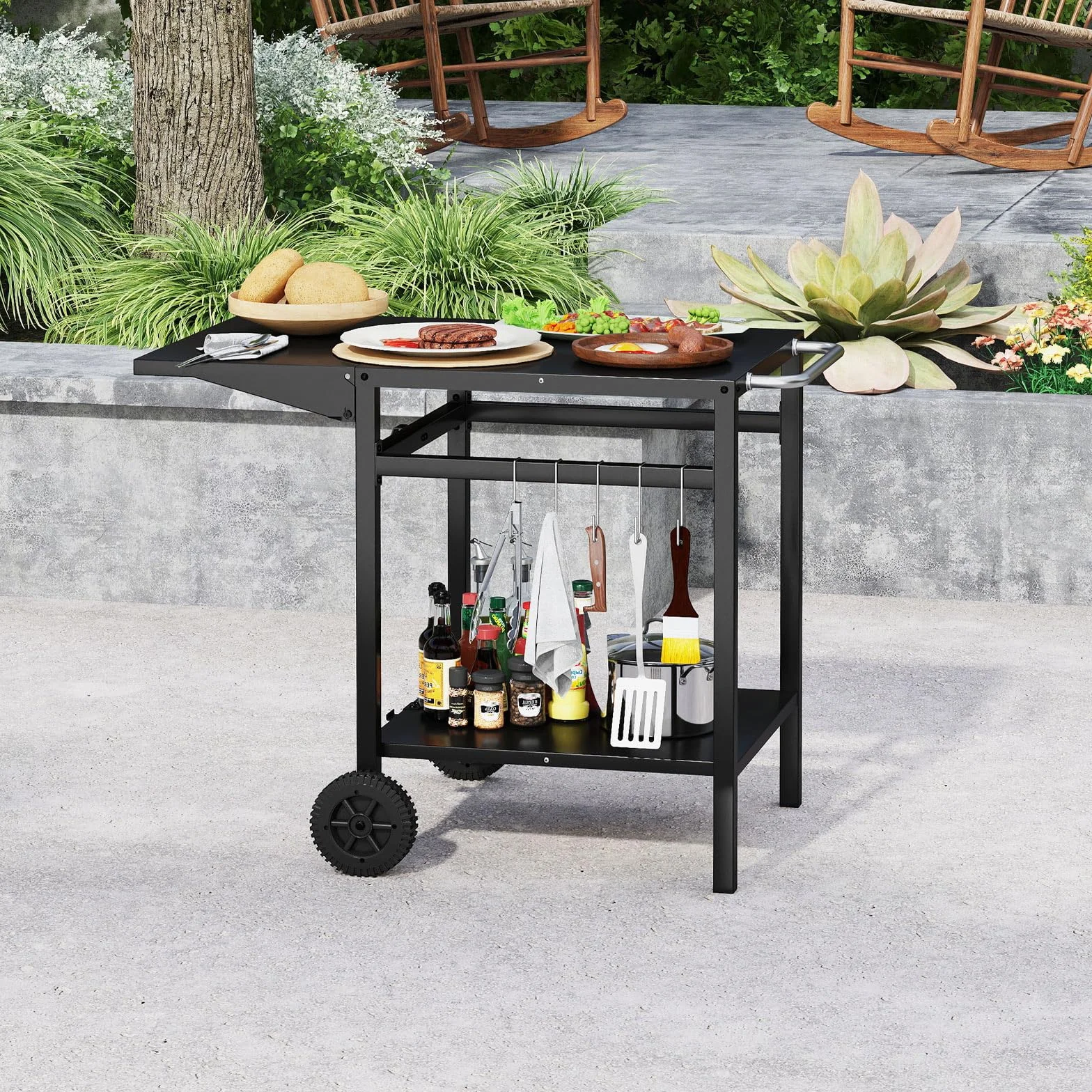 GOPLUS Desserte Jardin Chariot Barbecue avec 2 Roues, Plateau Pliant, 96,5x64x75cm, Noir