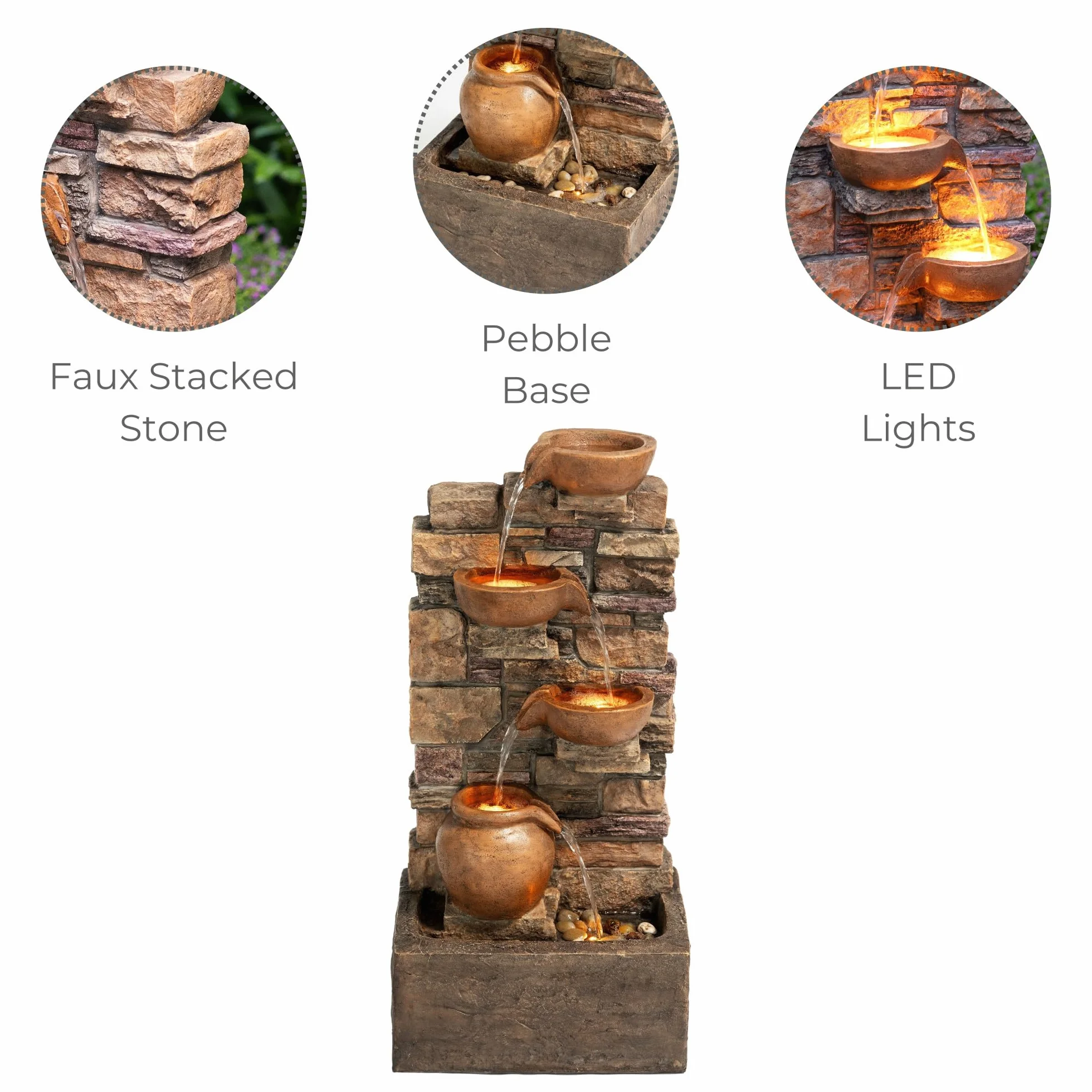 Teamson Home Fontaine Cascade 4 Niveaux Brun LED Jardin Exterieur