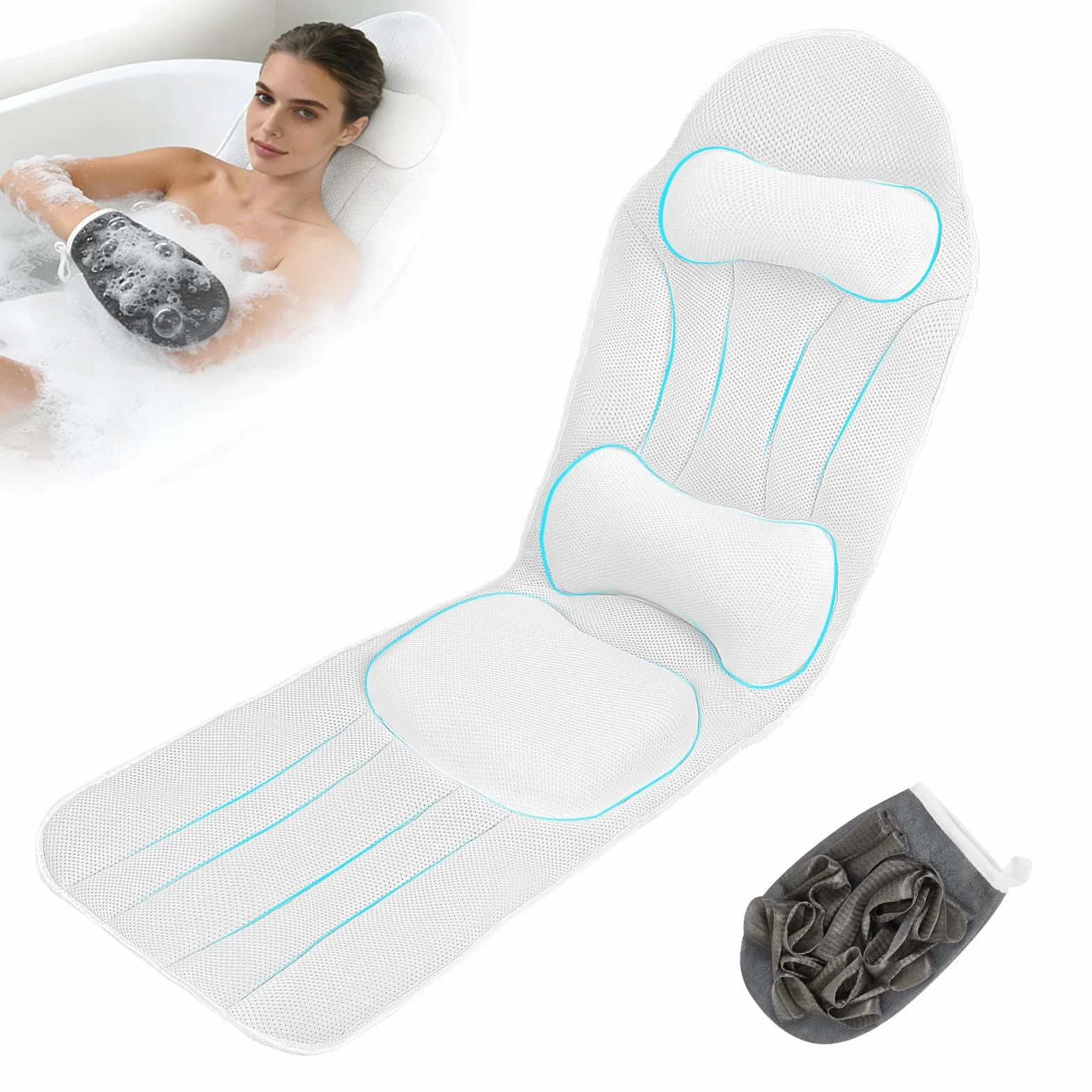 Coussin de bain complet avec repose-nuque et sac de rangement, tapis de bain 5D respirant, blanc