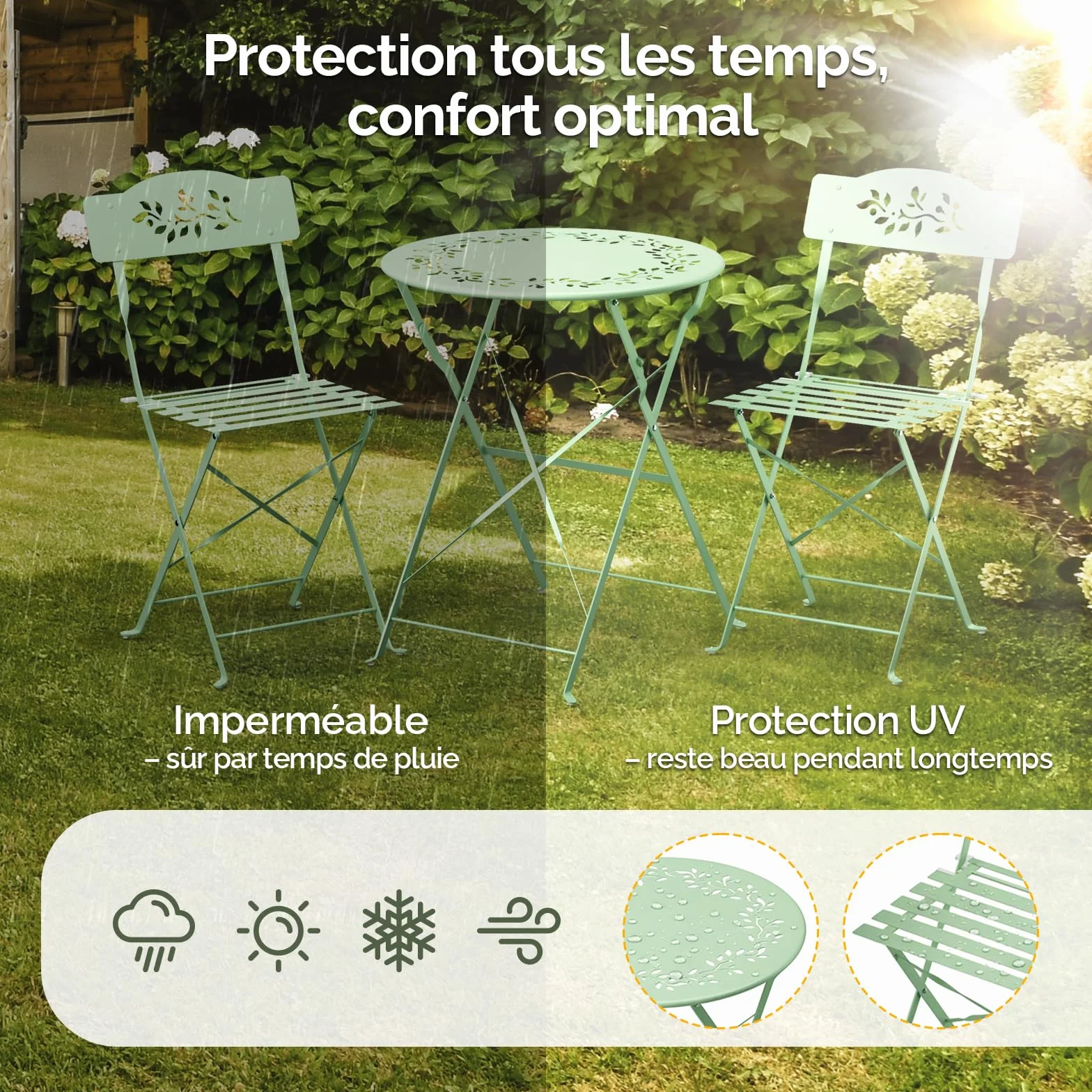 Bonnlo Set de Bistrot Pliant 3 Pièces Table et Chaise de Jardin Exterieur Vert Clair