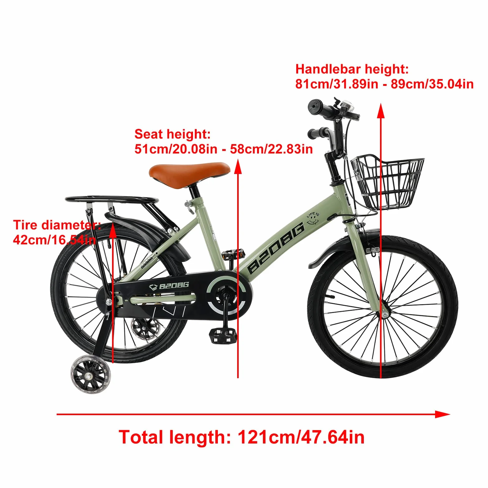 Vélo pour enfant de 18 pouces, cadre en acier au carbone de haute qualité, siège et guidon réglables, double freins, moyeux intégrés, panier amovible, roues stabilisatrices, selle confortable, vélo
