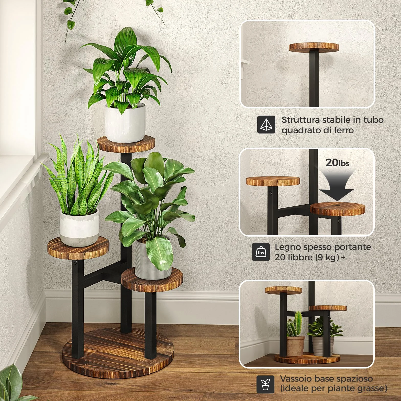 Bamworld Support Plante d'Angle 3 Niveaux en Métal Bois Étagère Fleurs Intérieur Jardin Extérieur