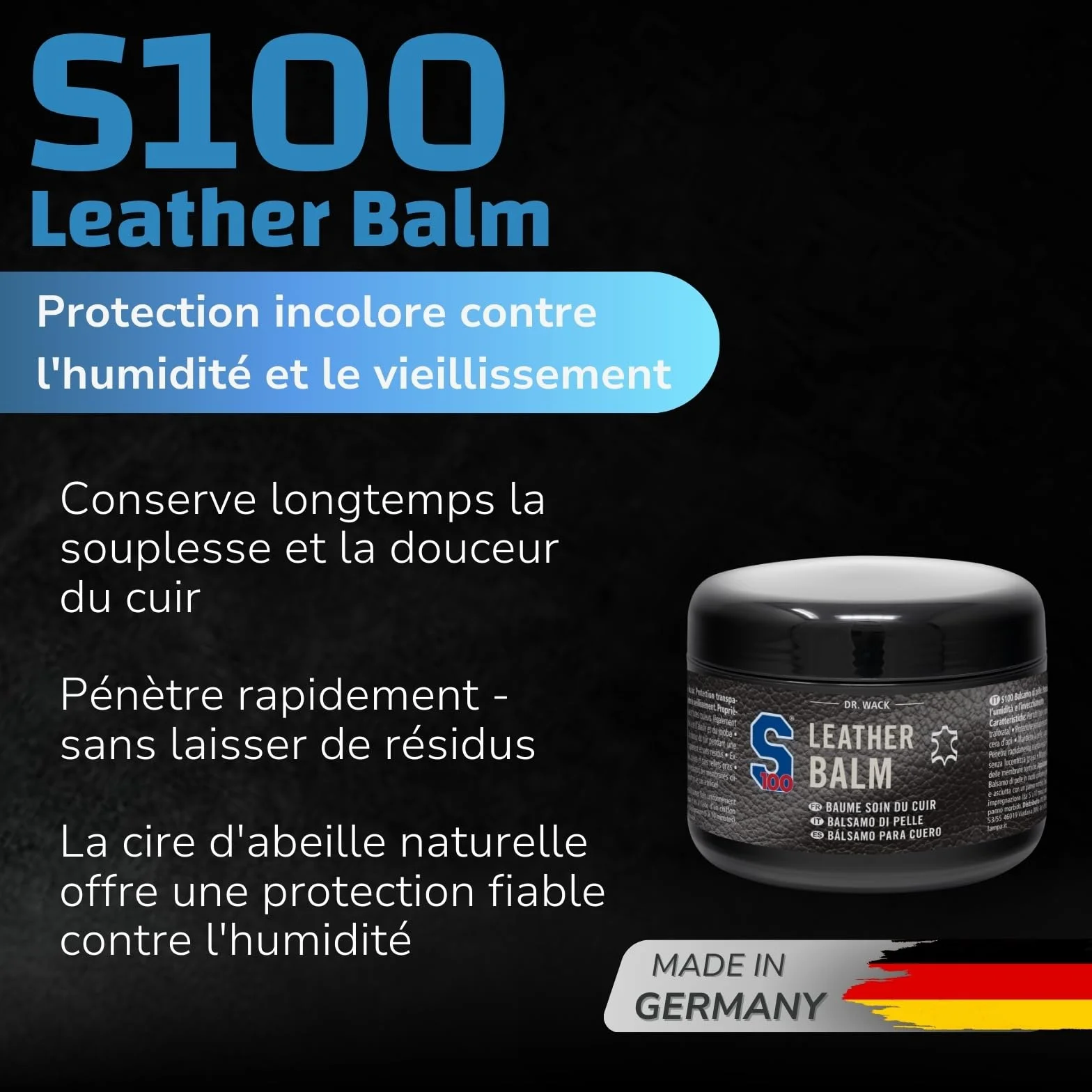 Dr. Wack - S100 Baume Soin du Cuir pour Vêtements et Équipements de Moto - Protection Contre Humidité et Vieillissement - A l'Huile de Jojoba & Cire d'Abeille - Incolore, 250 ml
