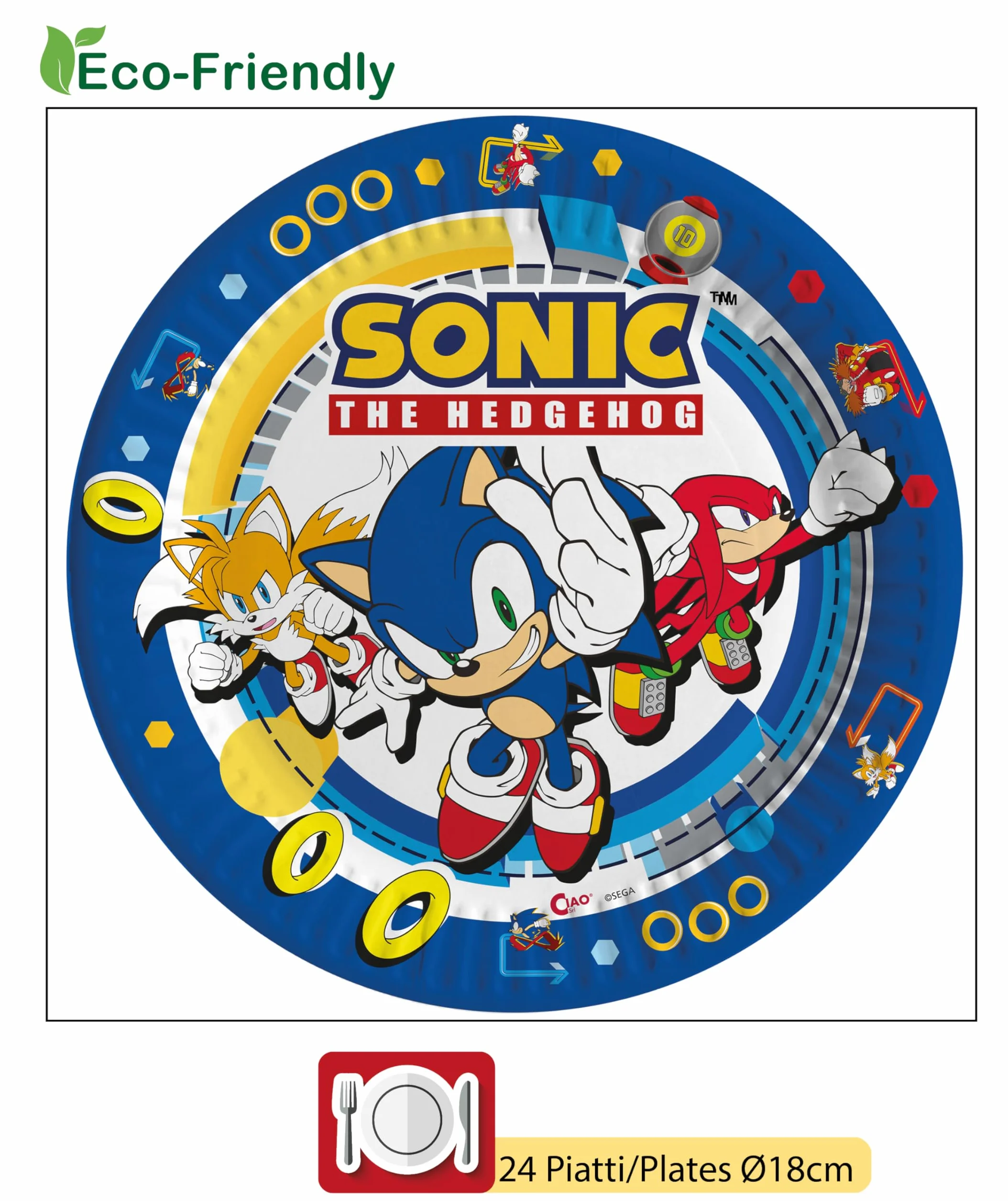 Sonic the Hedgehog Party-Set für 24 Personen 112-teilig Pappteller Becher Servietten kompostierbares Papier