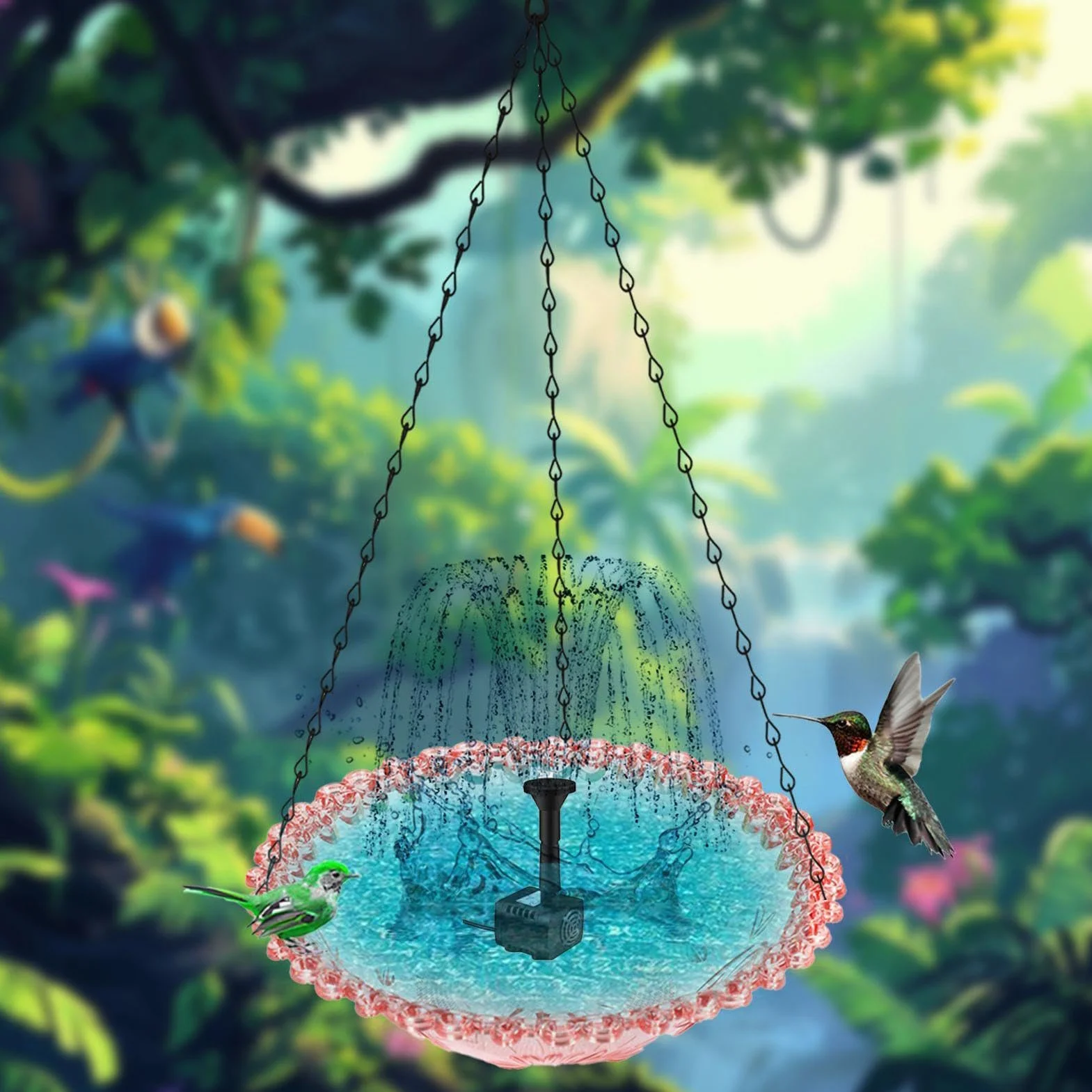 Bain d'oiseaux d'extérieur avec pompe solaire, fontaine décorative pour colibri rouge-gorge moineau