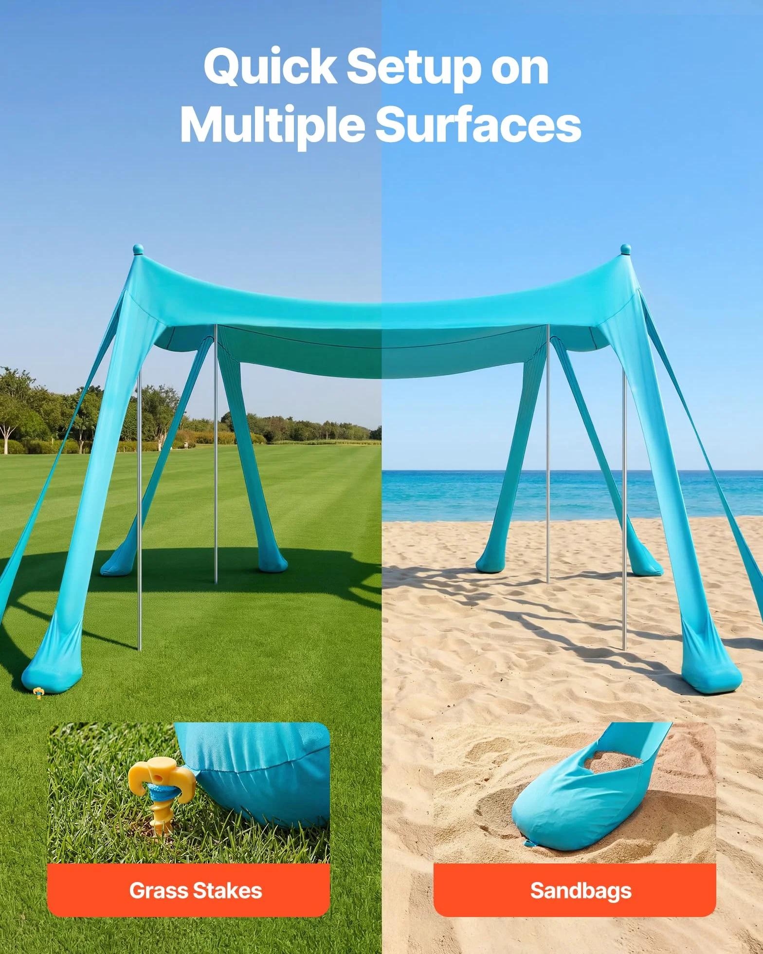 VEVOR Tente de Plage de 3x3x2 m, Abri Solaire UPF50+, Pare-Soleil Extérieur pour Plage Parc Camping et Pêche, Auvent Protection UV avec Sacs de Sable, Poteaux de Soutien et Pelles à Sable, Vert