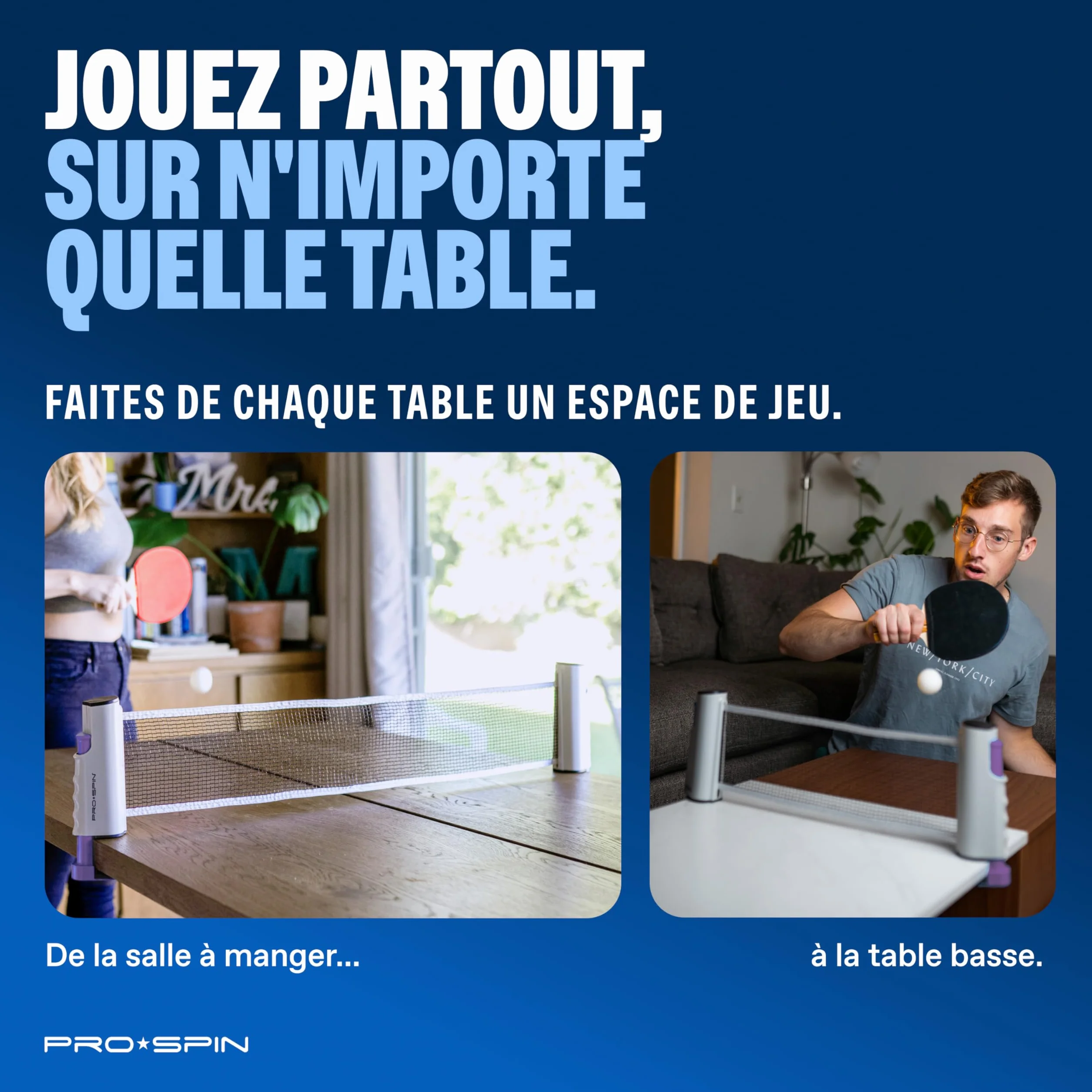 PRO-SPIN Set de Raquettes de Ping-Pong Portable | Kit de Qualité avec Filet Ping Pong pour Toute Table, Raquettes Tennis de Table Hautes Performances, Balles de 3-Étoiles