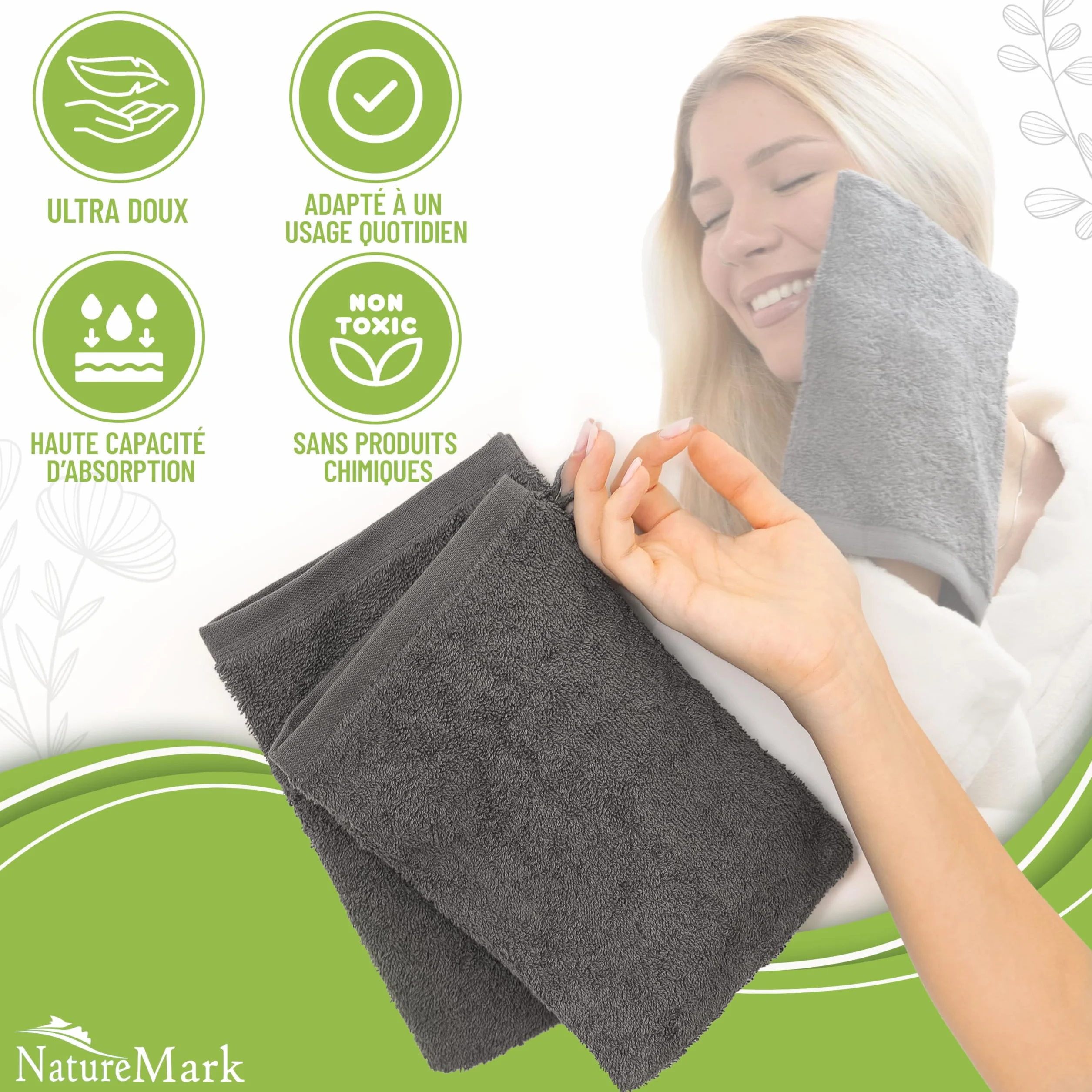 NatureMark Gants de Toilette en Frotte 100% Coton Gris Anthracite 15x21 cm