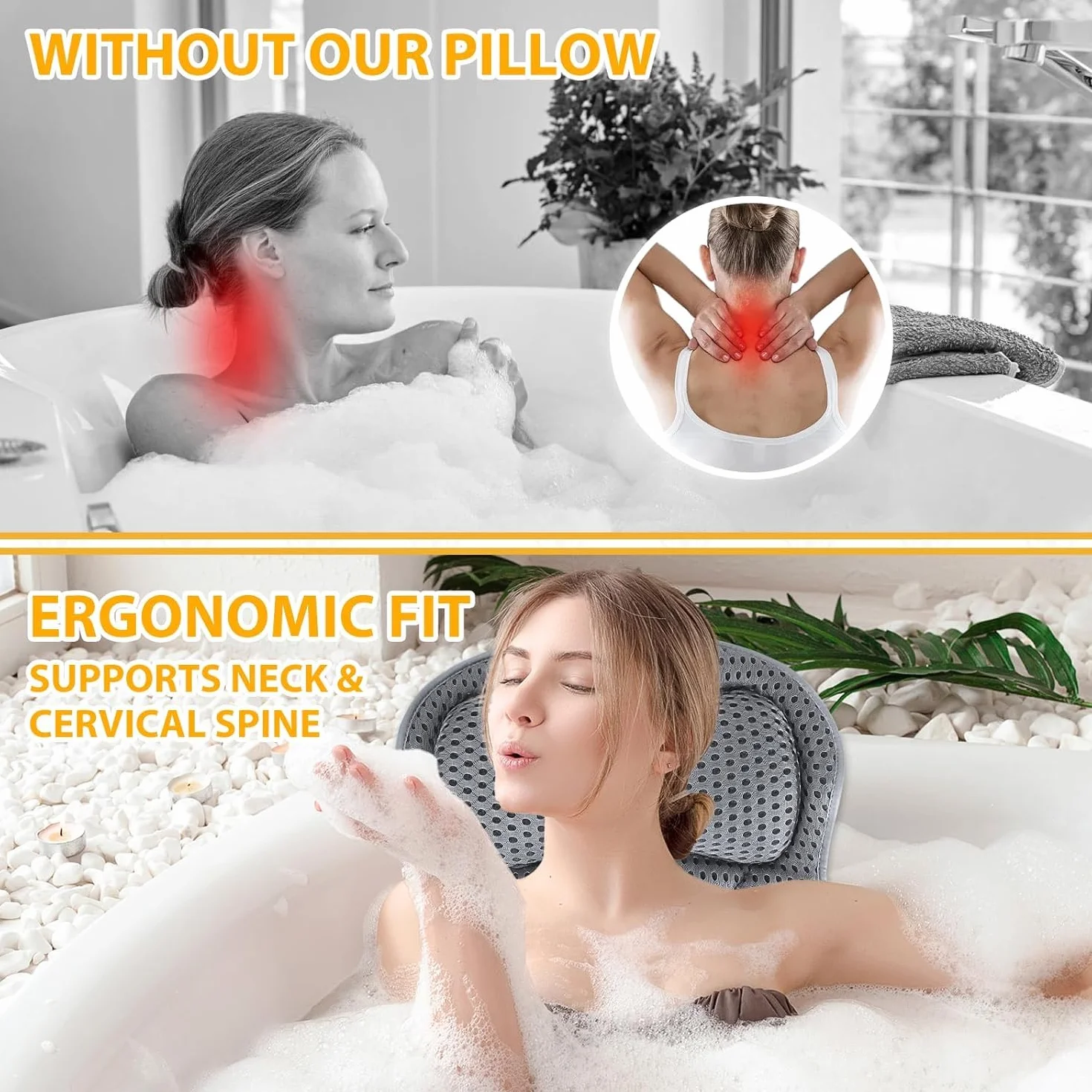 Oreiller de Bain Ergonomique avec Technologie 4D Air Mesh et 6 Ventouses pour Baignoire et Spa