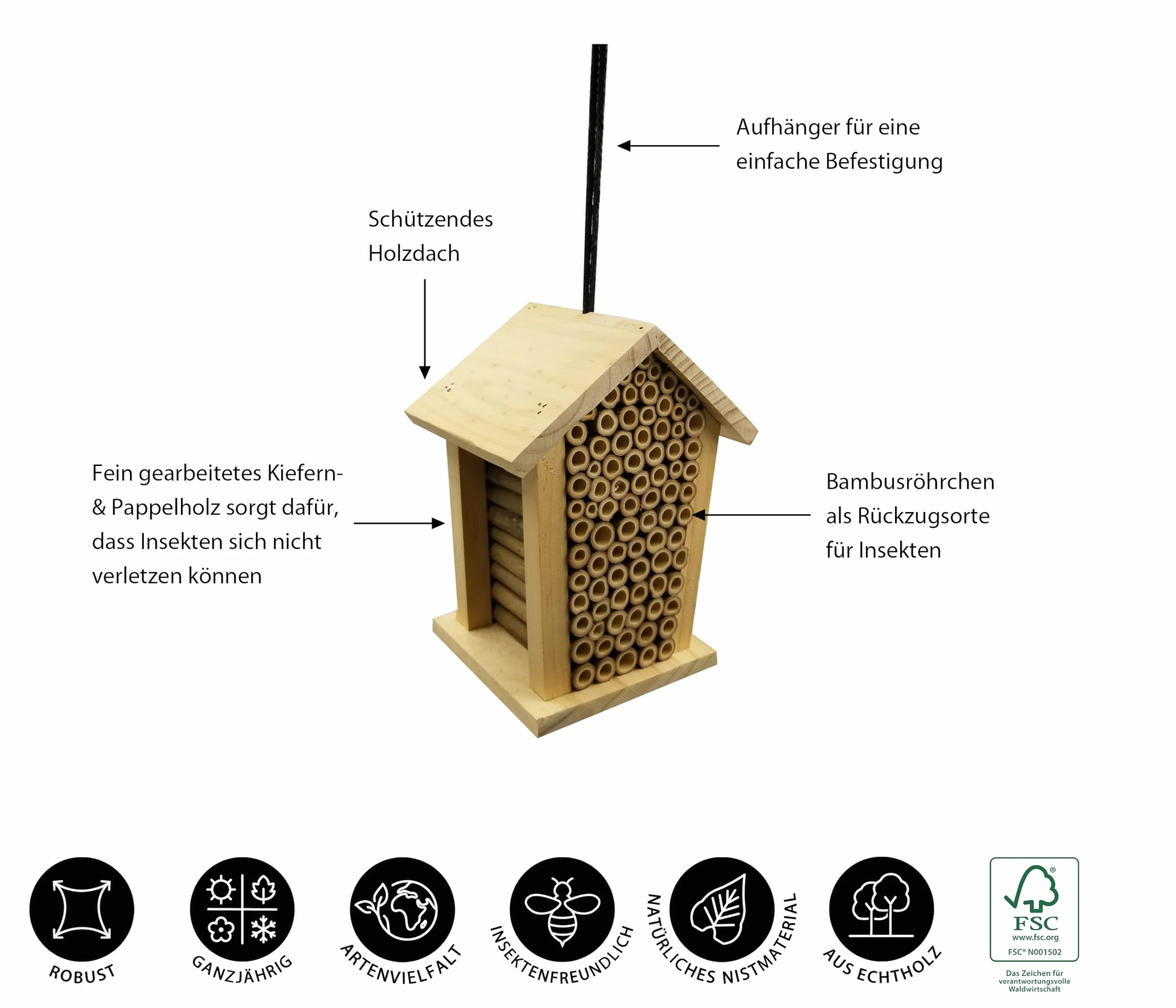 Dehner Natura Louisiana Hôtel à Insectes en Bois de pin Naturel 19 x 15 x 12 cm