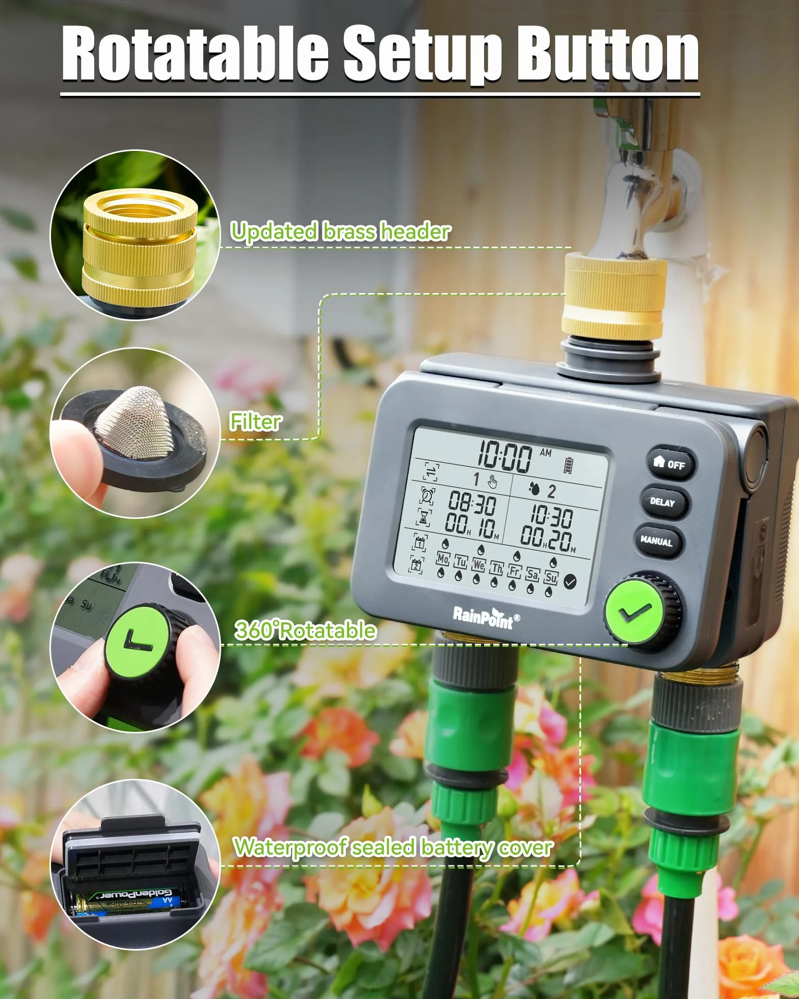 RAINPOINT Programmateur Arrosage 2 Sorties, Minuteur Automatique Jardin IP54