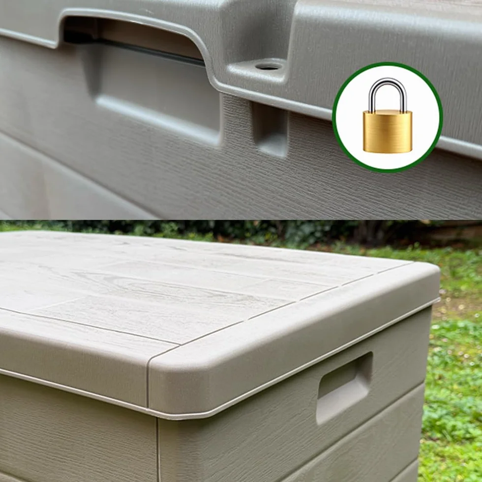 Baule Cassapanca Multi-usage 170LT Extérieur Intérieur Effet Bois Résine Taupe Conteneur Stockage