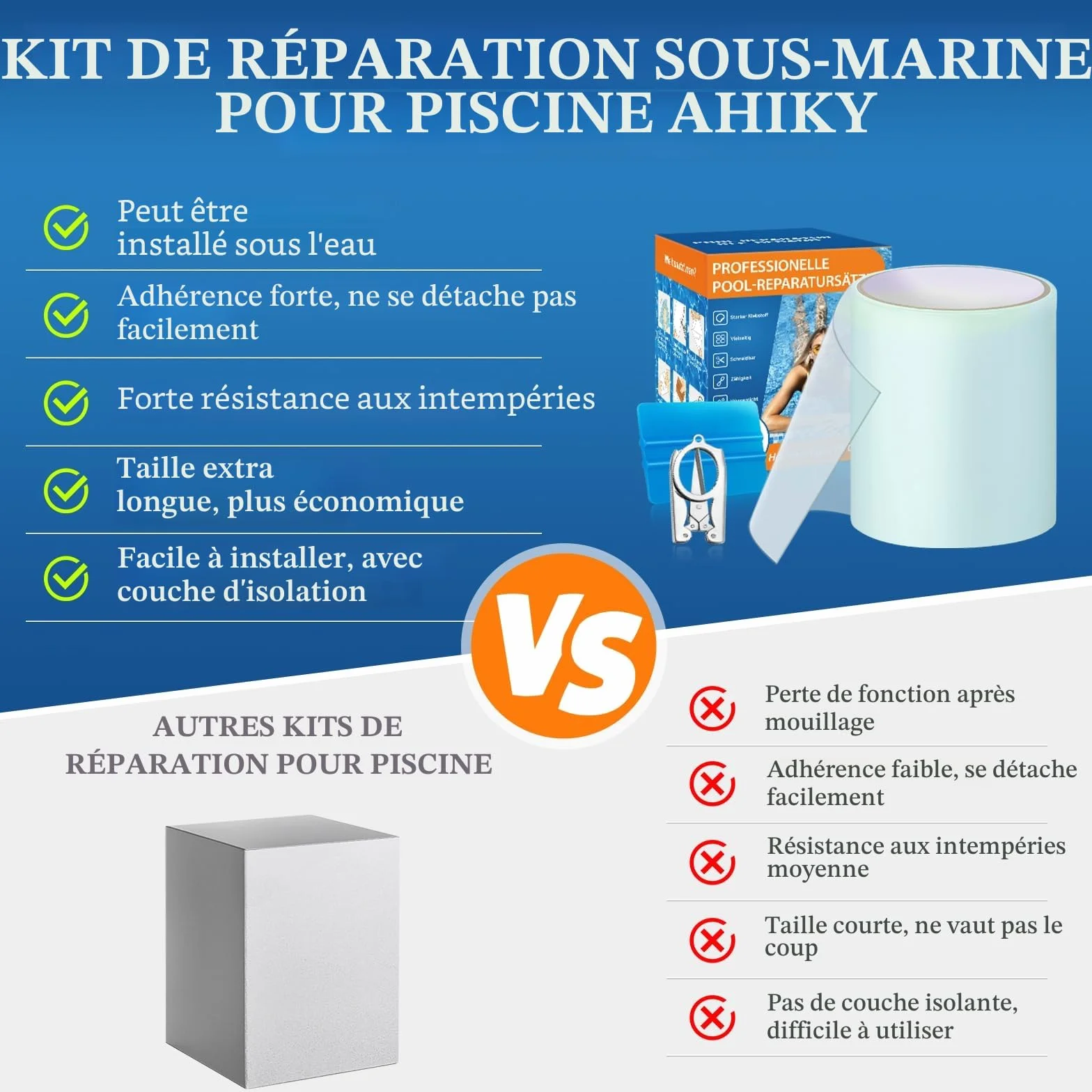 Rustine Piscine PVC 10cm x 250cm Kit Réparation Spa Gonflable Ruban Adhésif Eau