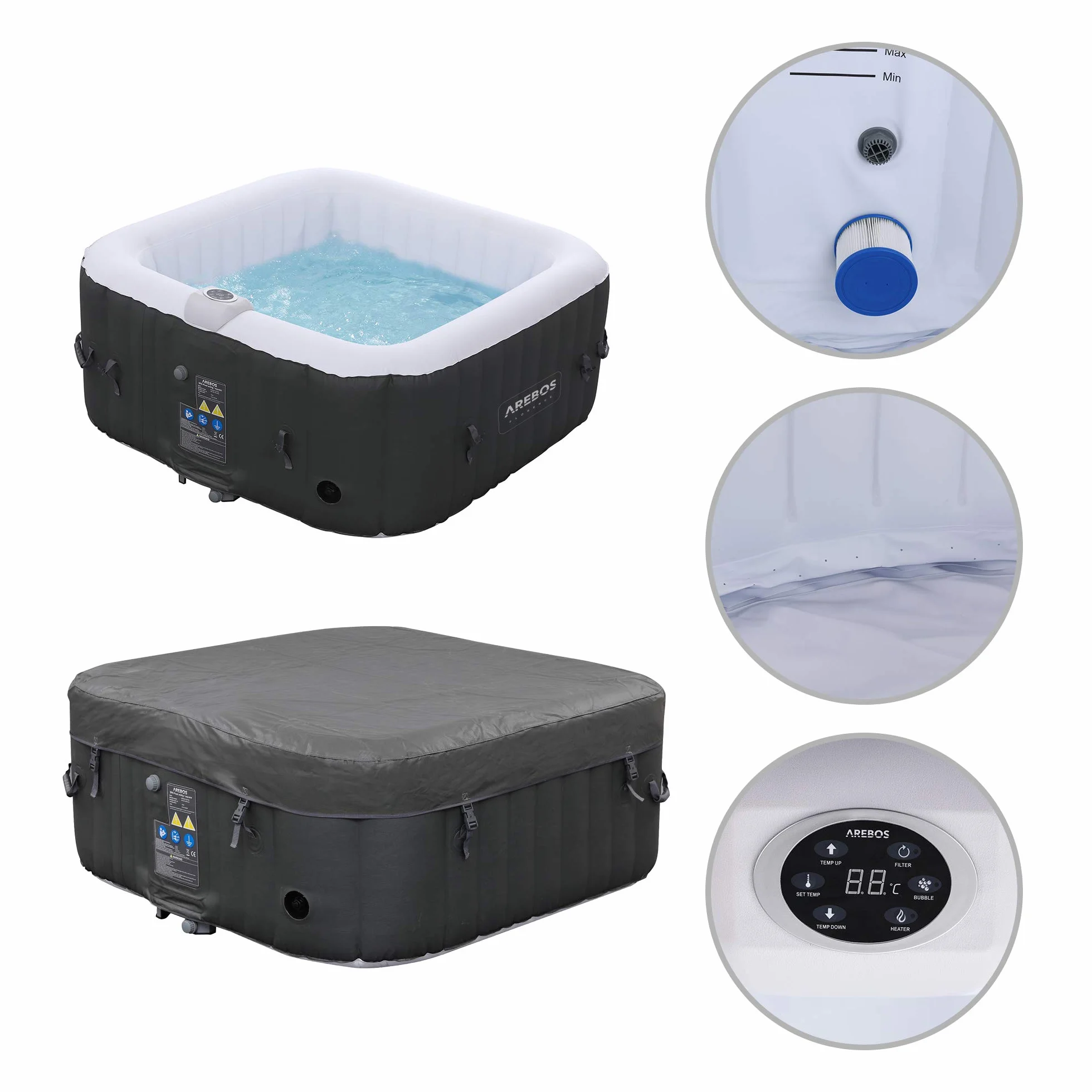 Arebos Spa Gonflable 4 Personnes 154x154cm 100 Jets Massage 600 litres Chauffage