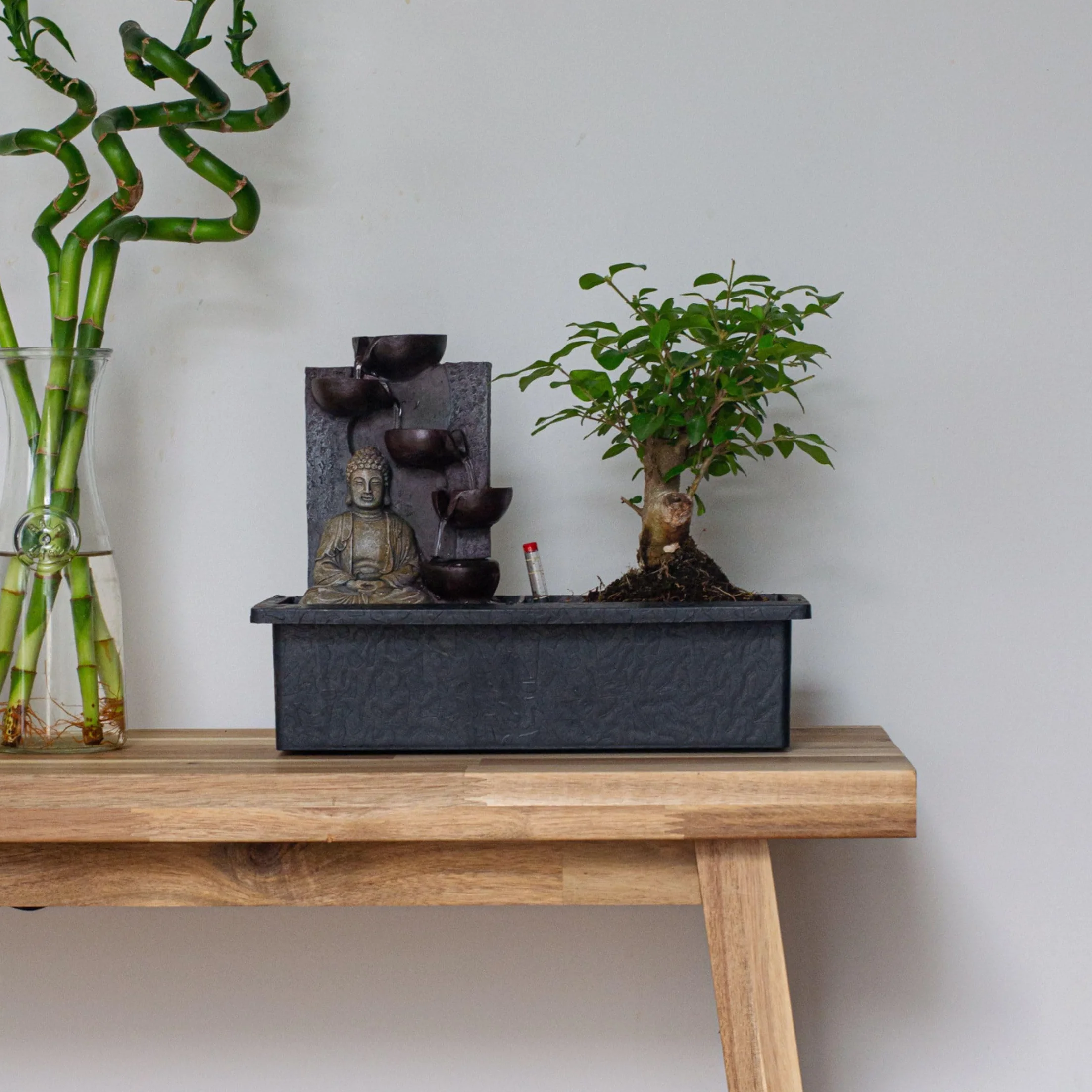 Bonsaï avec système d'eau cascade statue Bouddha plante d'intérieur 25-35cm