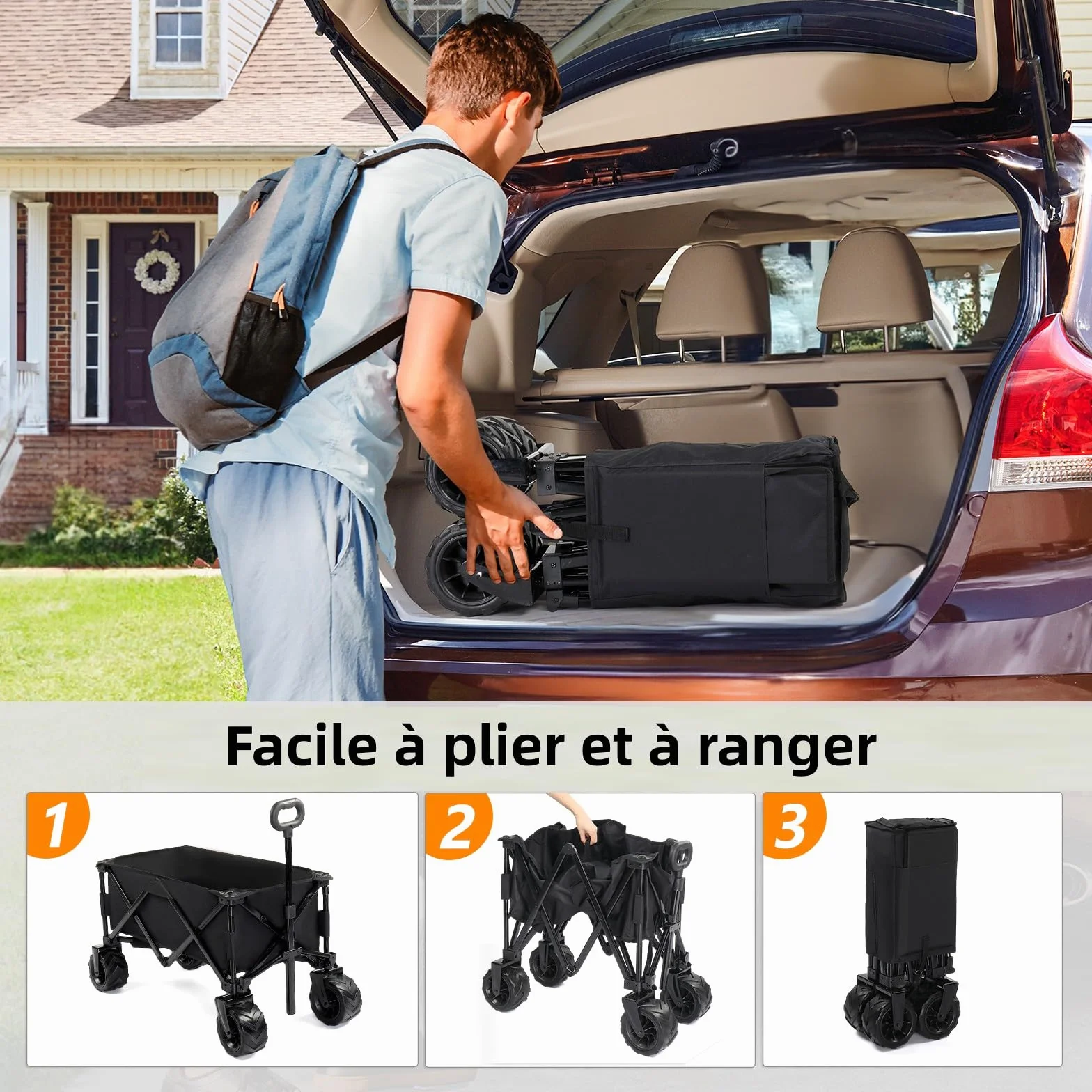 LEADZM Chariot de Plage Pliable Tout Terrain 91kg 107x54x91 cm Noir