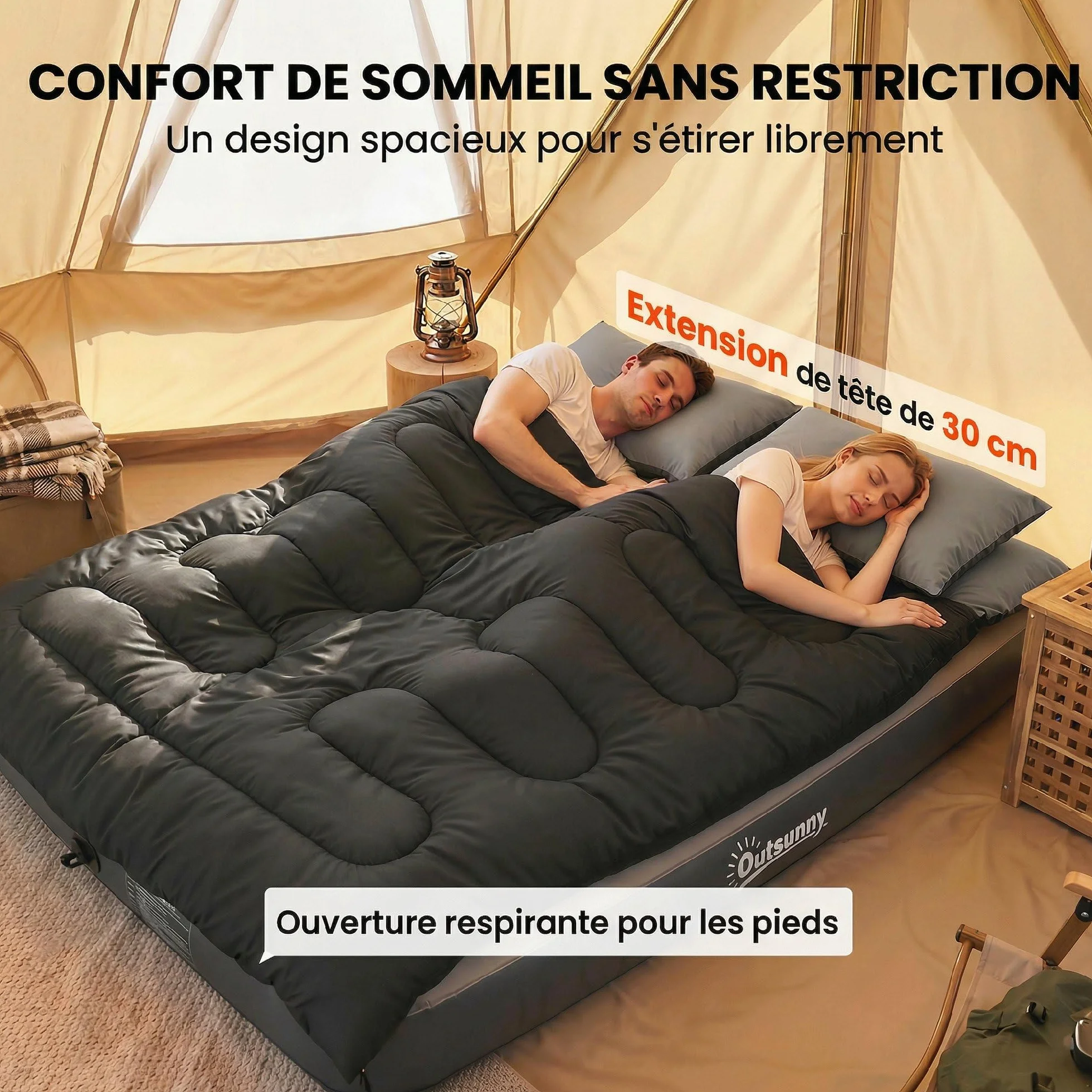 Outsunny Sac de Couchage Double Adulte Modulable 2 Oreillers Coton Creux 400 g/m² Camping Randonnée Noir