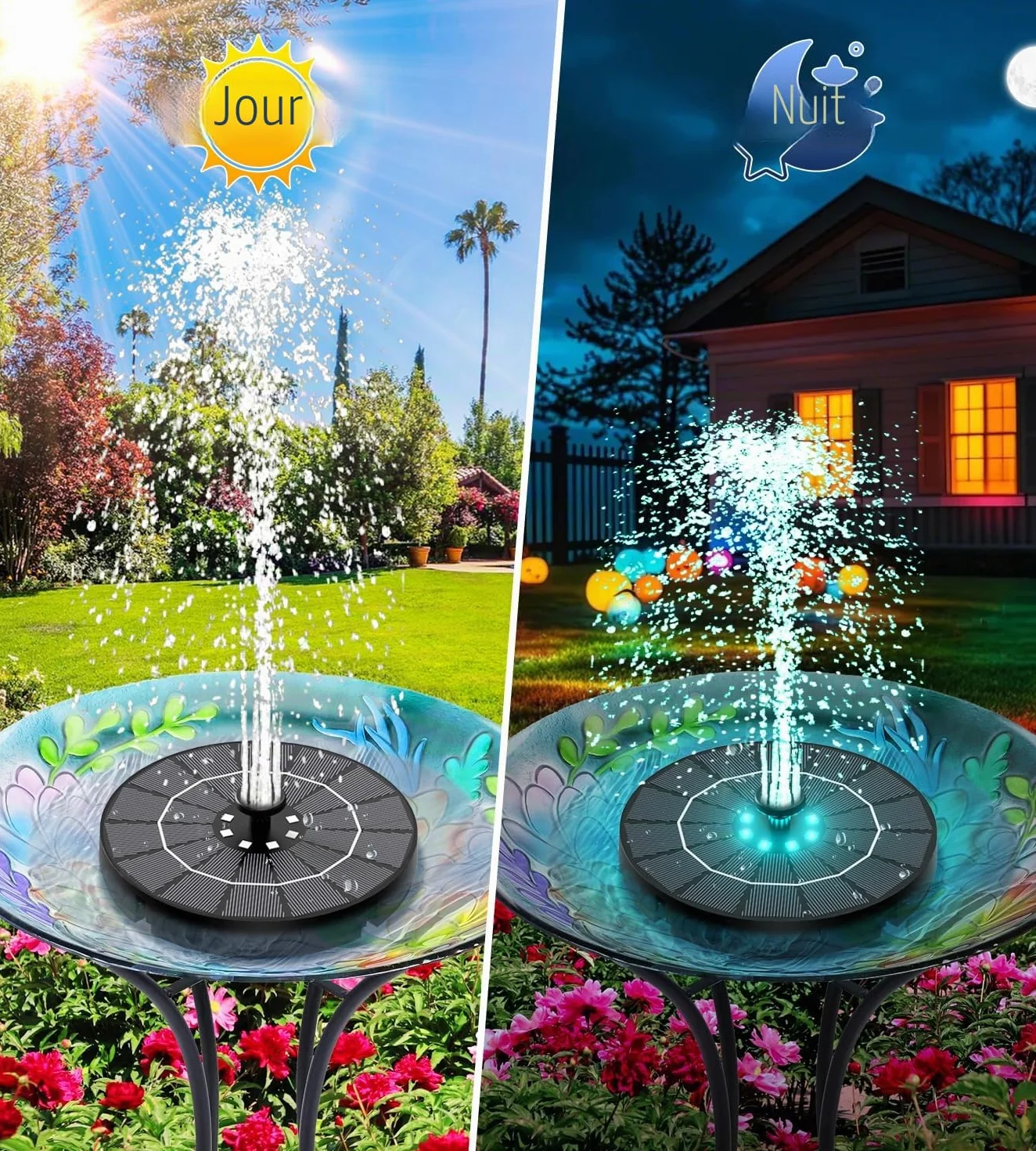 Fontaine Solaire Exterieure de Jardin 3.5W LEDs Colorées 2200mAh Batterie Pompe Solaire Bassin 8 Buses pour Bain d'oiseaux