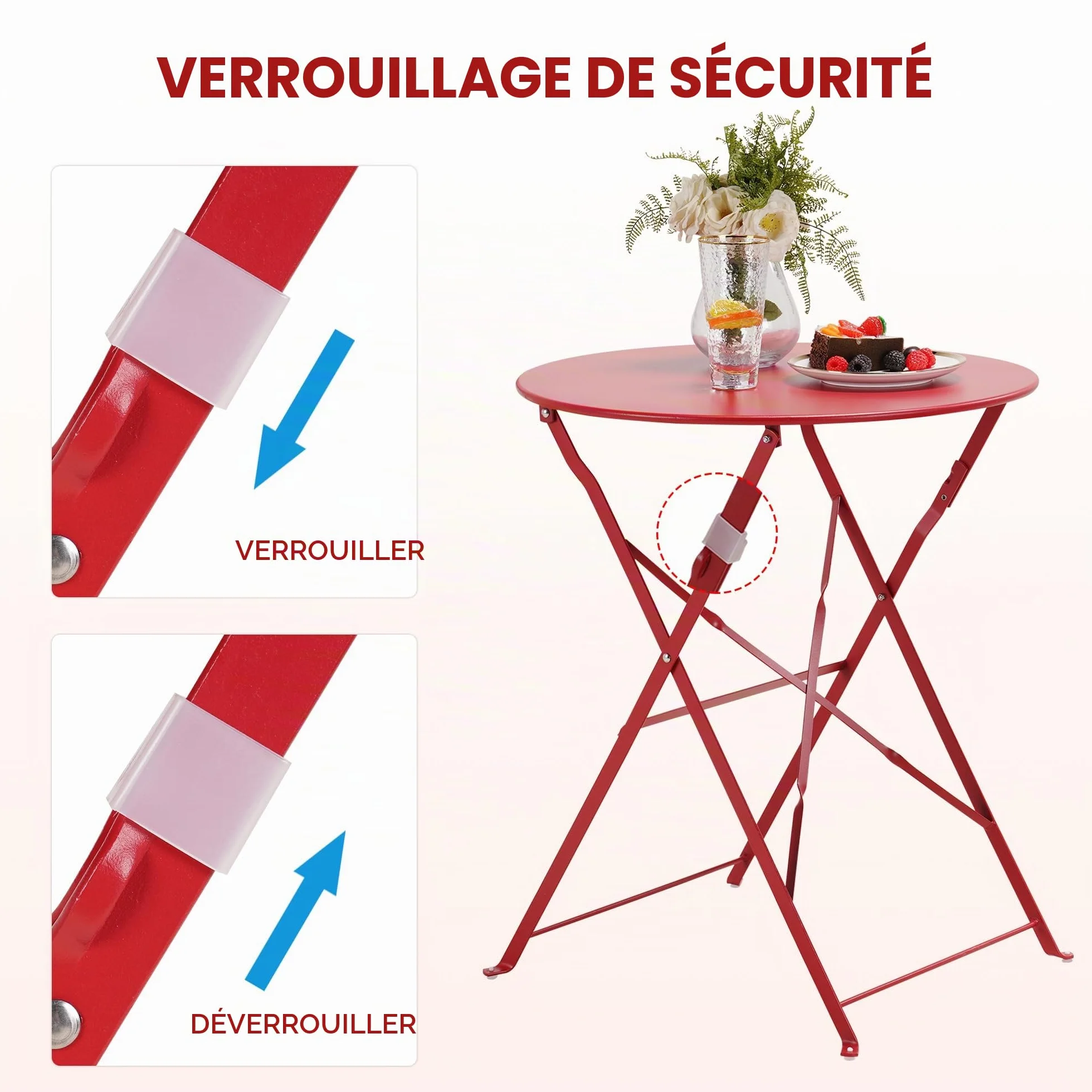 Salon de Jardin Ensemble Table et Chaises Pliables Acier thermolaqué Rouge