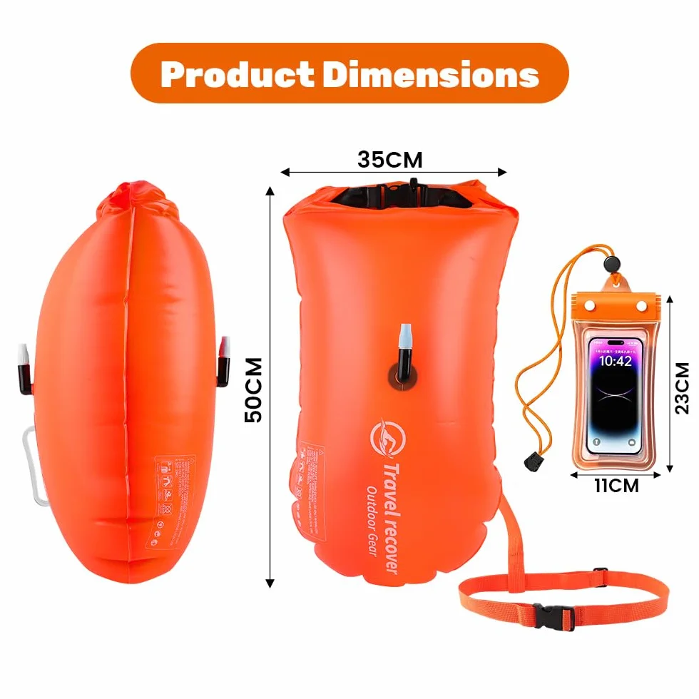 20L Bouee nage Eau Libre, Bouée Natation Eau Libre avec Sac étanche, Bouées gonflables adaptées à la Navigation en Eau Libre et au Triathlon, Pochette étanche pour téléphone Incluse, Orange