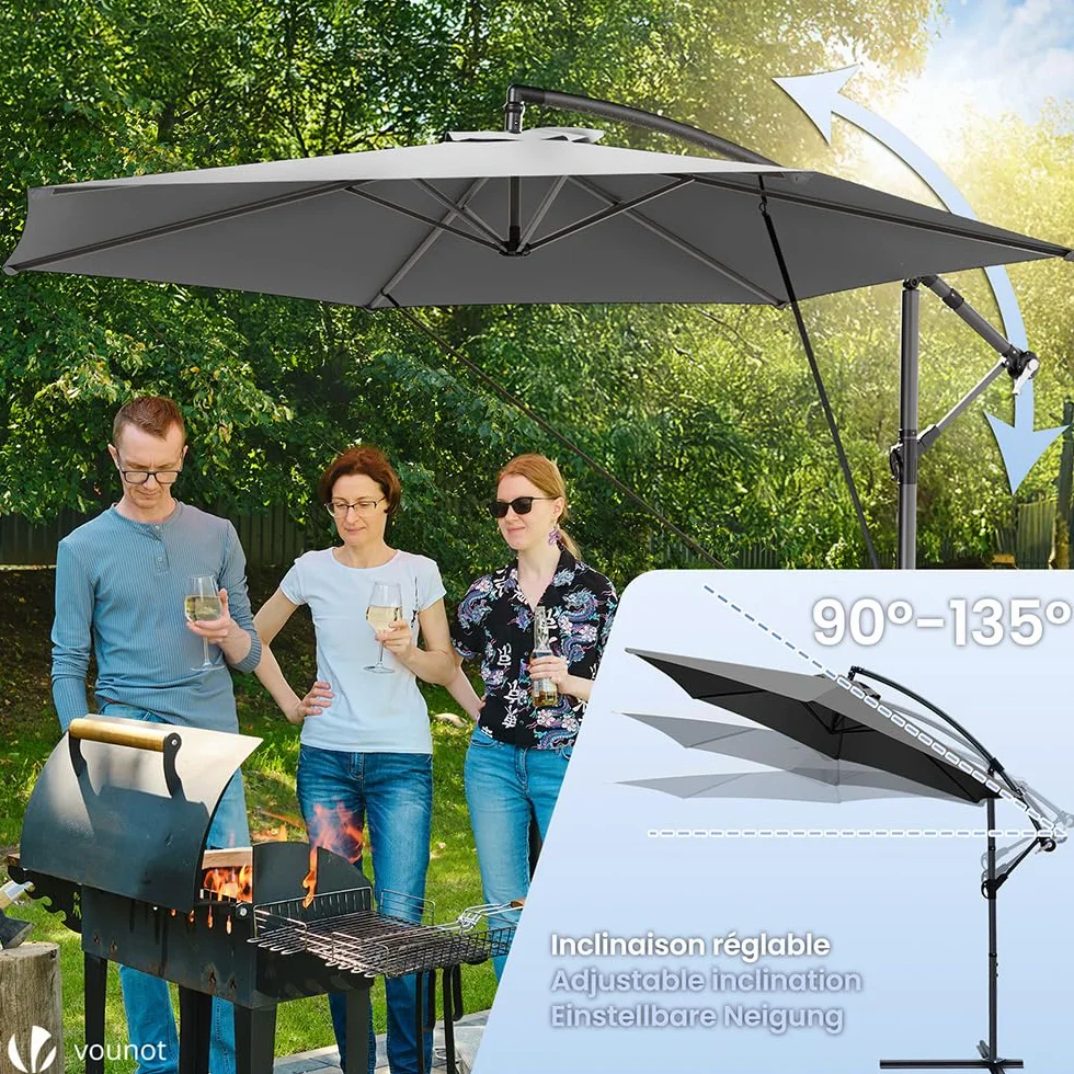 Parasol Déporté Hexagonale 3M Anti-Retour Inclinable Toile 180gr/m2 Anti UV 6 Baleines Acier H235cm Gris Housse Protection