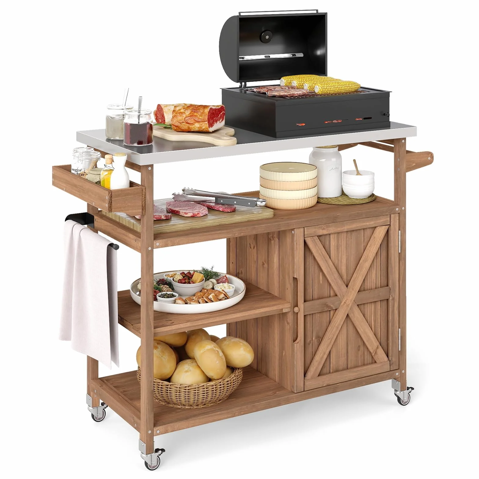 COSTWAY Chariot d'Extérieur en Bois avec Rangement, Meuble de Préparation BBQ avec Plateau 3 Étagères Ouvertes & Armoire