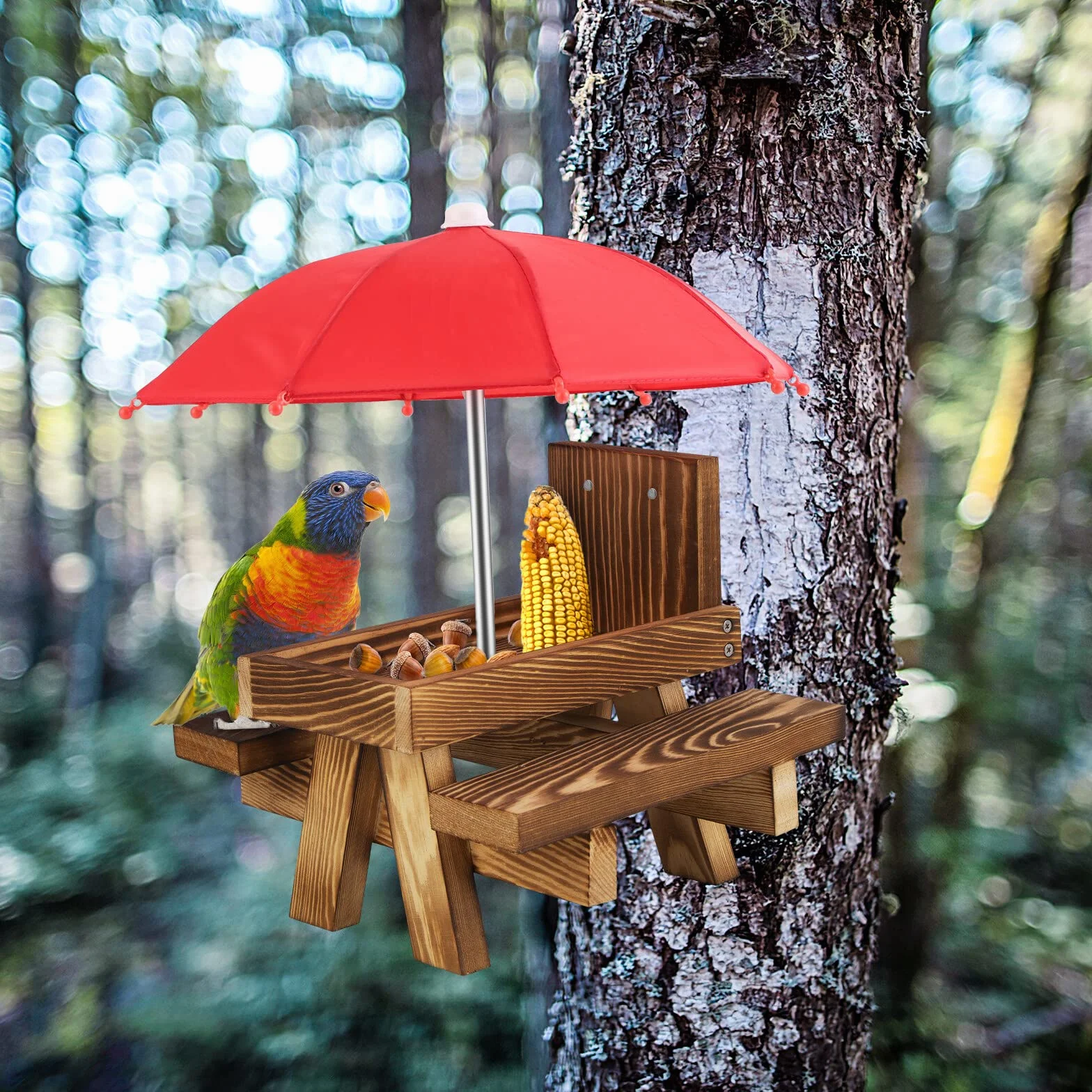 Mangeoire pour écureuil avec parapluie – Banc de pique-nique en bois avec support pour maïs, décoration de jardin