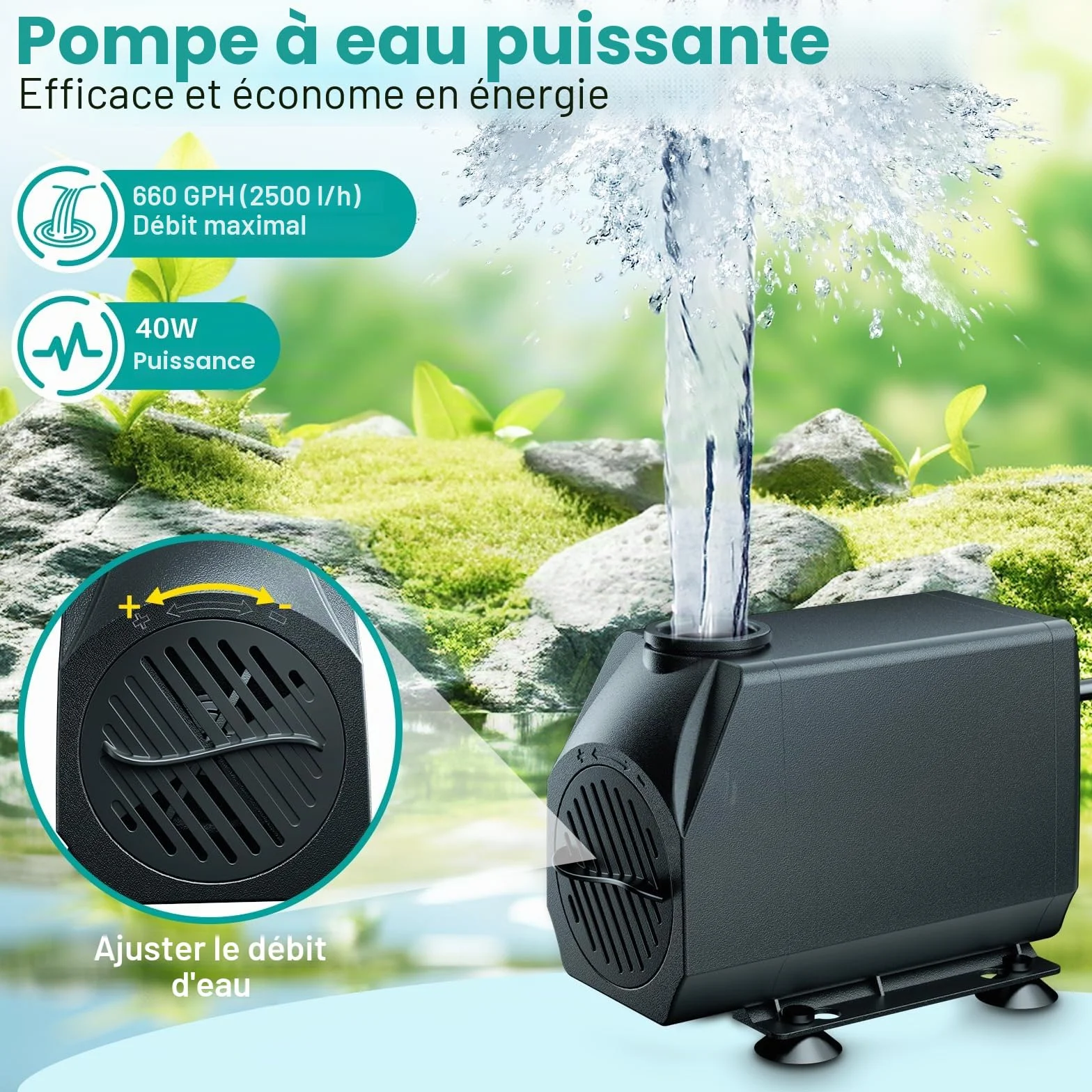 Pompe de bassin Cascade acier inoxydable 20 cm 40 W 2500 l/h pour étang de jardin