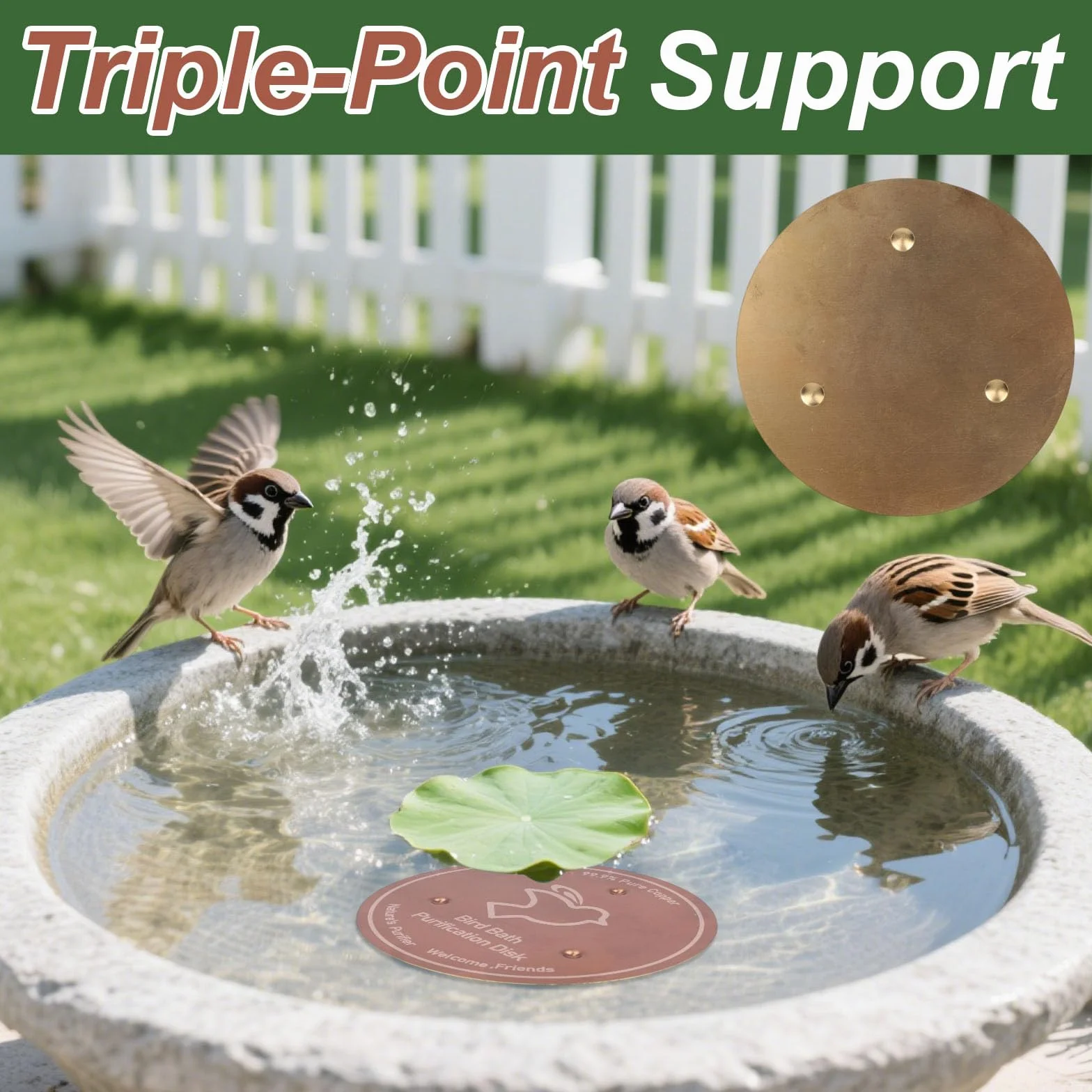 BOXOB Cuivre Pur Disque de Purification pour Bain d'oiseaux 10cm avec Support Triple Point