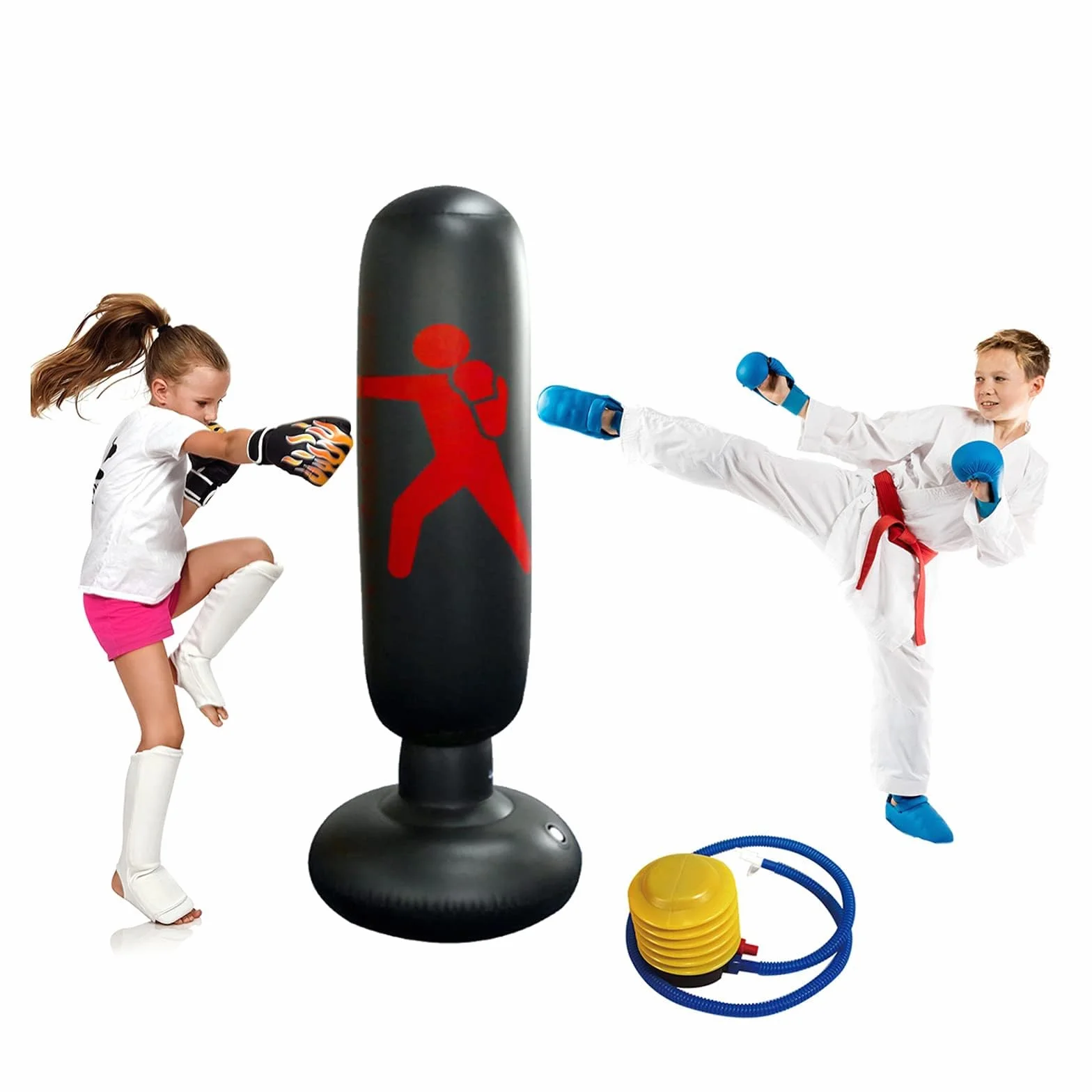 Sac de Boxe Enfant 160cm Gonflable Sac de Frappe avec Colonne de Boxe et Base épaisse pour Karaté Kickboxing, éQuipement D'EntraîNement, Cadeau pour GarçOns Filles