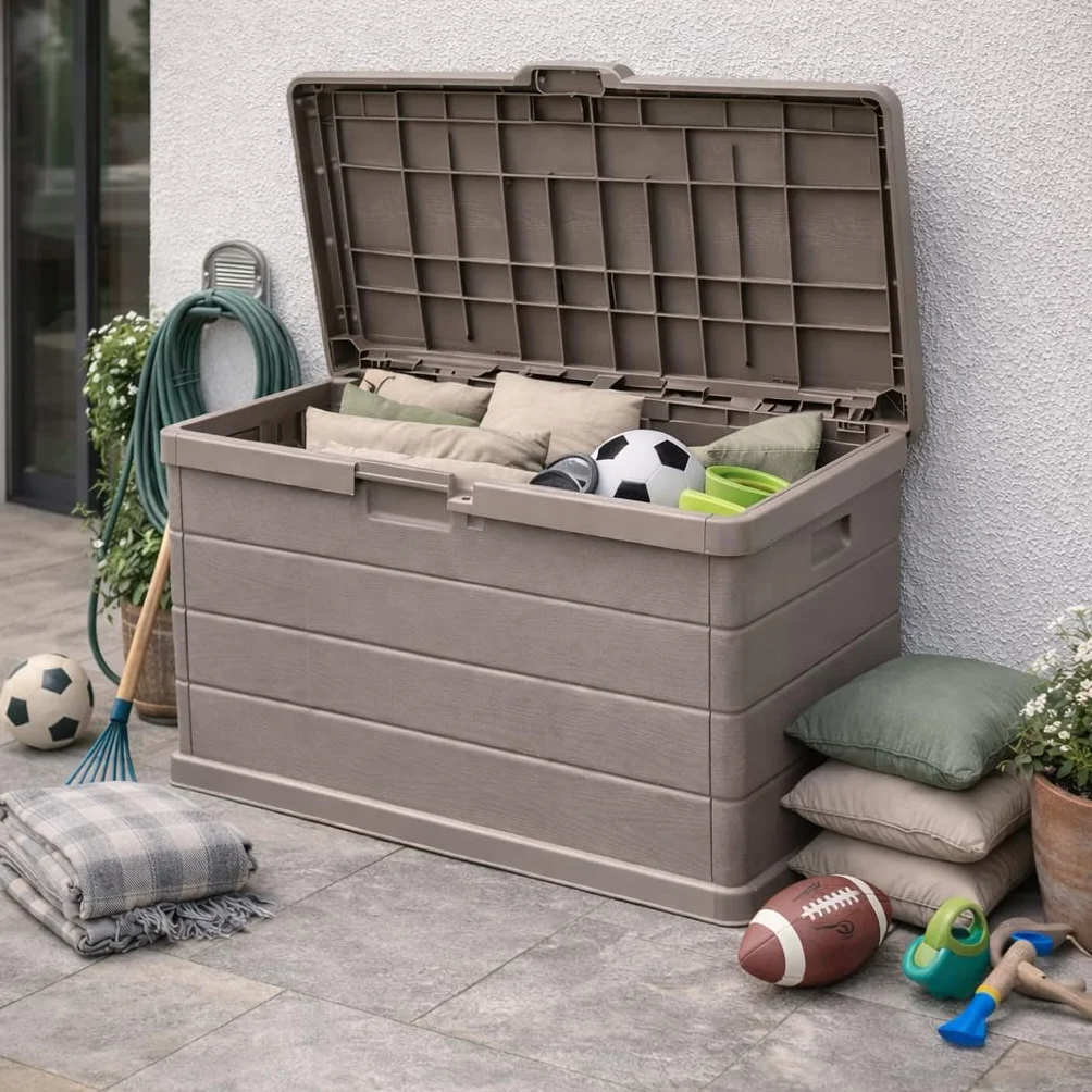 Baule Cassapanca Multi-usage 170LT Extérieur Intérieur Effet Bois Résine Taupe Conteneur Stockage