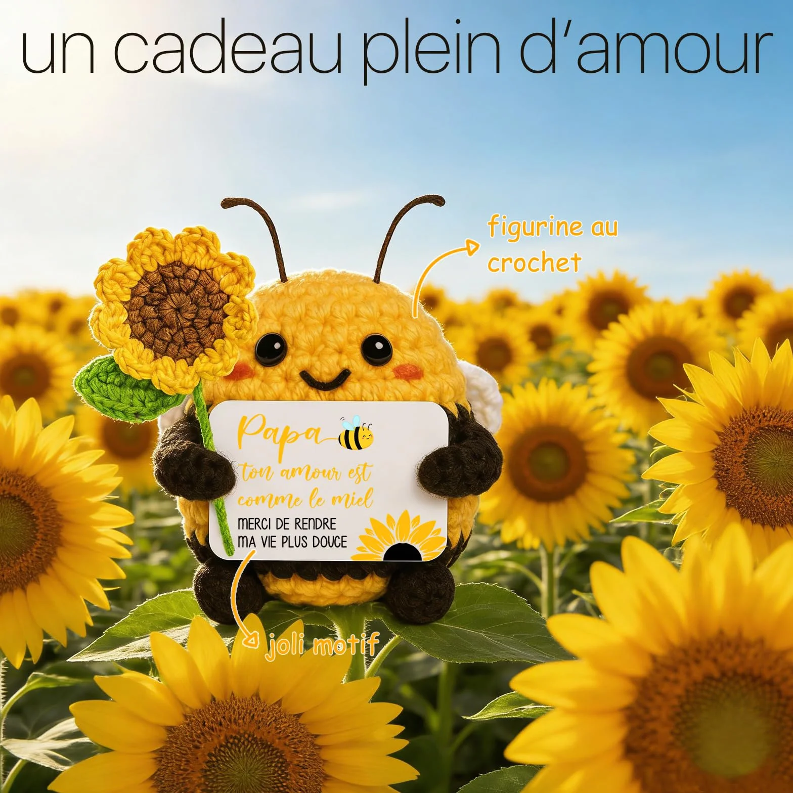 Cadeau Fête des Pères Abeille Heureuse Tournesols Fait Main au Crochet Décoration Maison