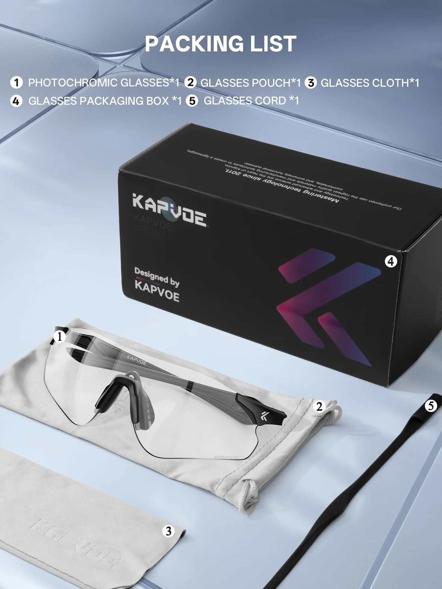 KAPVOE Lunettes de Soleil Sport Photochromiques Homme Femme, Lunettes UV400 22g Ultra Légères avec Plaquette de Nez en Silicone Réglable, Running Cyclisme Baseball Conduite K108