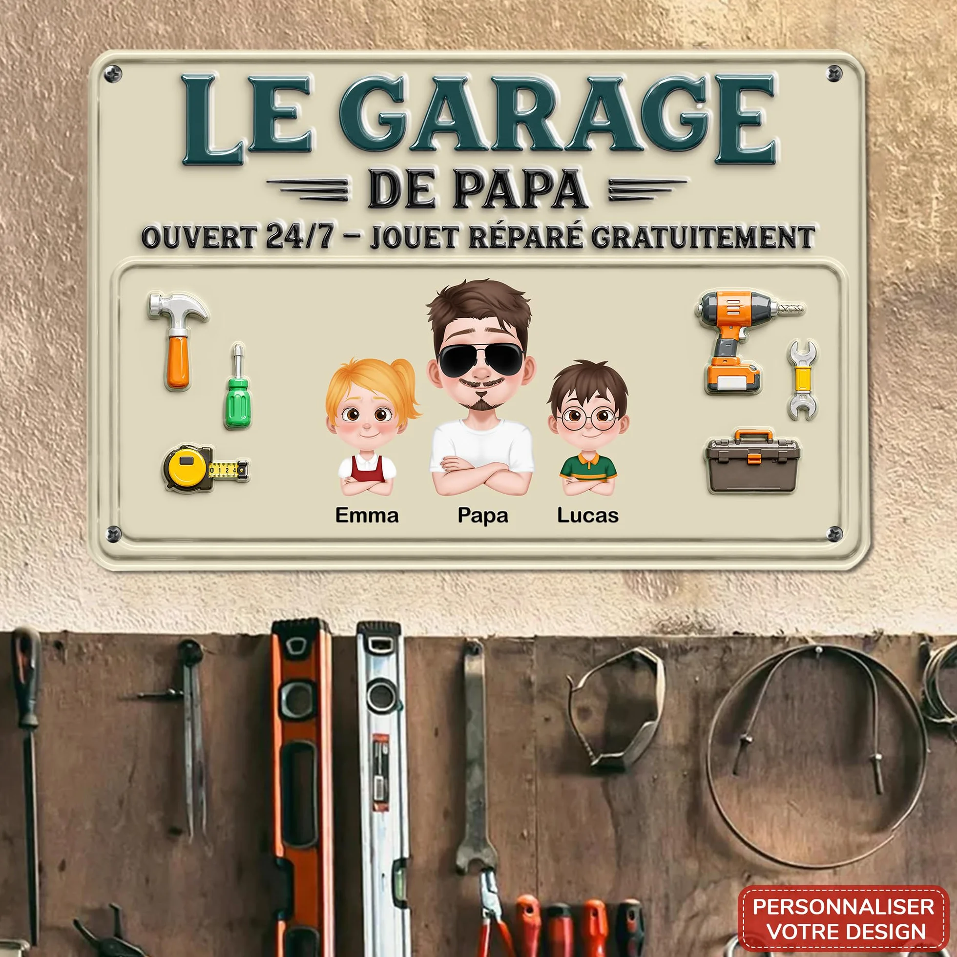 Plaque Métal Personnalisée Le Garage De Papy Et Papa Cadeau fête des pères (2 Enfants)