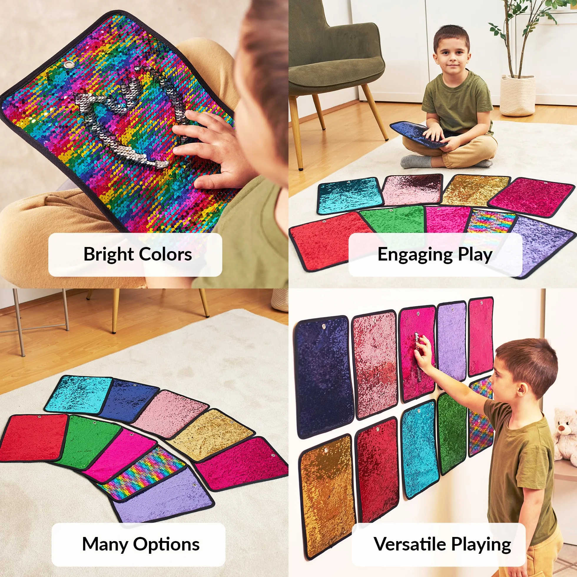 ODOXIA Tapis Sensoriel en Tissu à Paillettes pour Enfants, Dalles Sensorielles Réversibles
