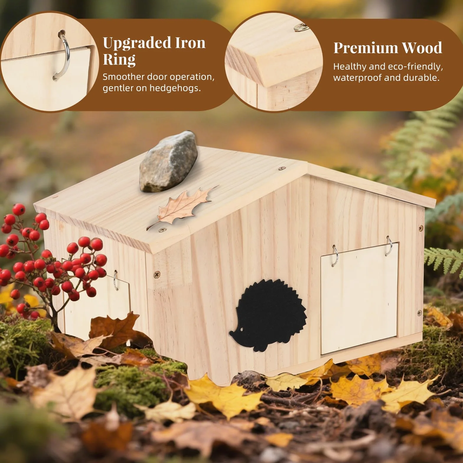 Grande maison en bois pour hérisson coupe-vent avec porte anti-souris, nichoir d'extérieur résistant aux prédateurs pour le jardin