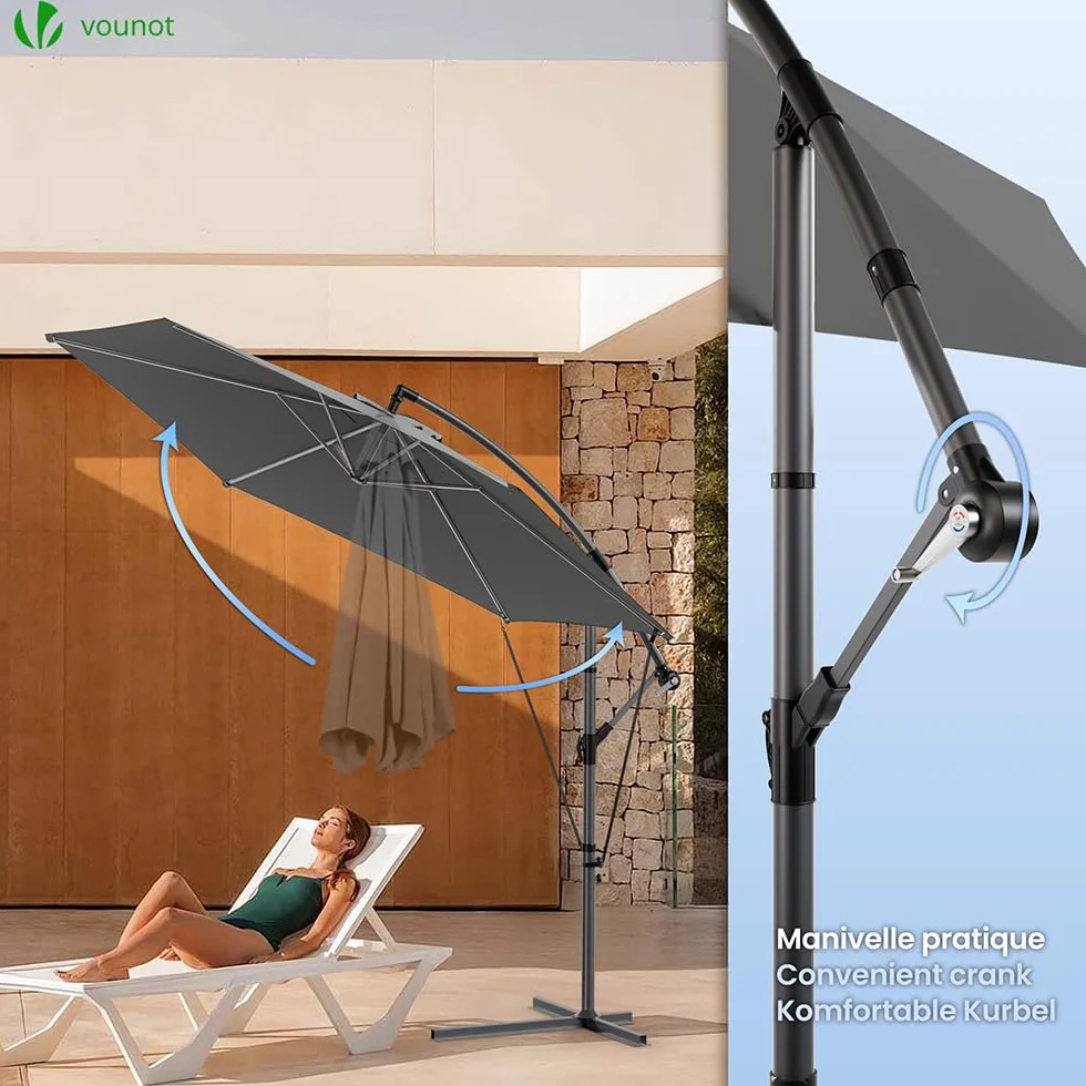Parasol Déporté Hexagonale 3M Anti-Retour Inclinable Toile 180gr/m2 Anti UV 6 Baleines Acier H235cm Gris Housse Protection