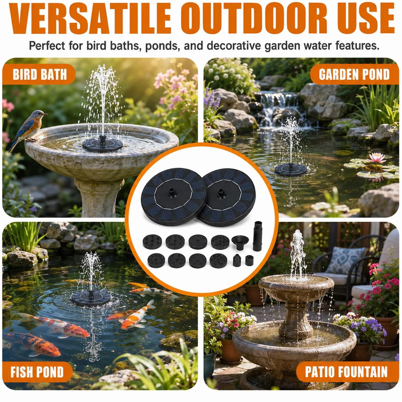 Lot de 2 fontaines solaires 16 cm 8 types pulvérisation pompe flottante pour jardin bain d'oiseaux étang
