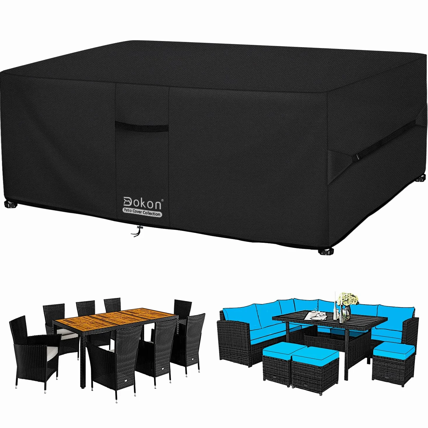 Dokon Housse Salon de Jardin Exterieur Imperméable Anti-UV Tissu Oxford 420D Protection Table Rectangulaire 250x150x90cm Noir