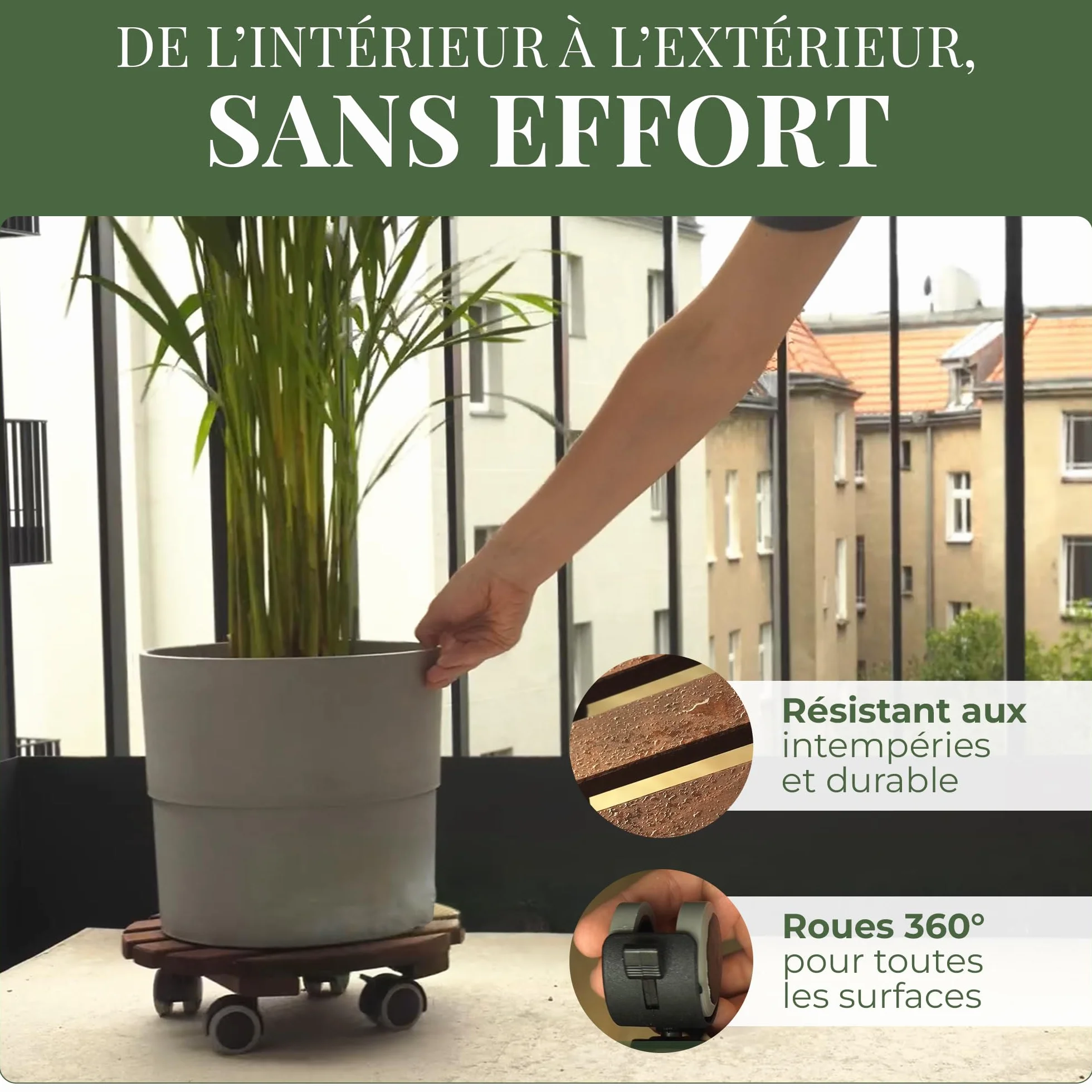 Porte Plante à Roulettes Ø 30 cm Lames Bois d'Aulne FSC 15,5 mm Roues 360° avec Frein Chariot Robuste 100 kg
