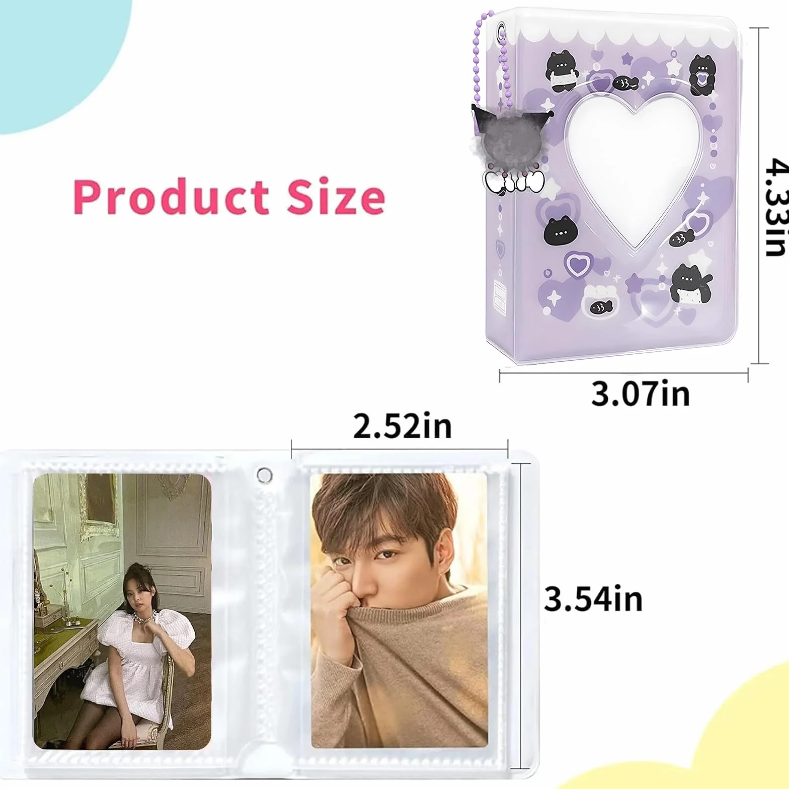 Pouces Photocard Holder Mignon Chat Livre avec Pendentif Classeur Photocard Kpop Mini Album Photos Binder pour Stocker Photos D'idoles Cartes Violet