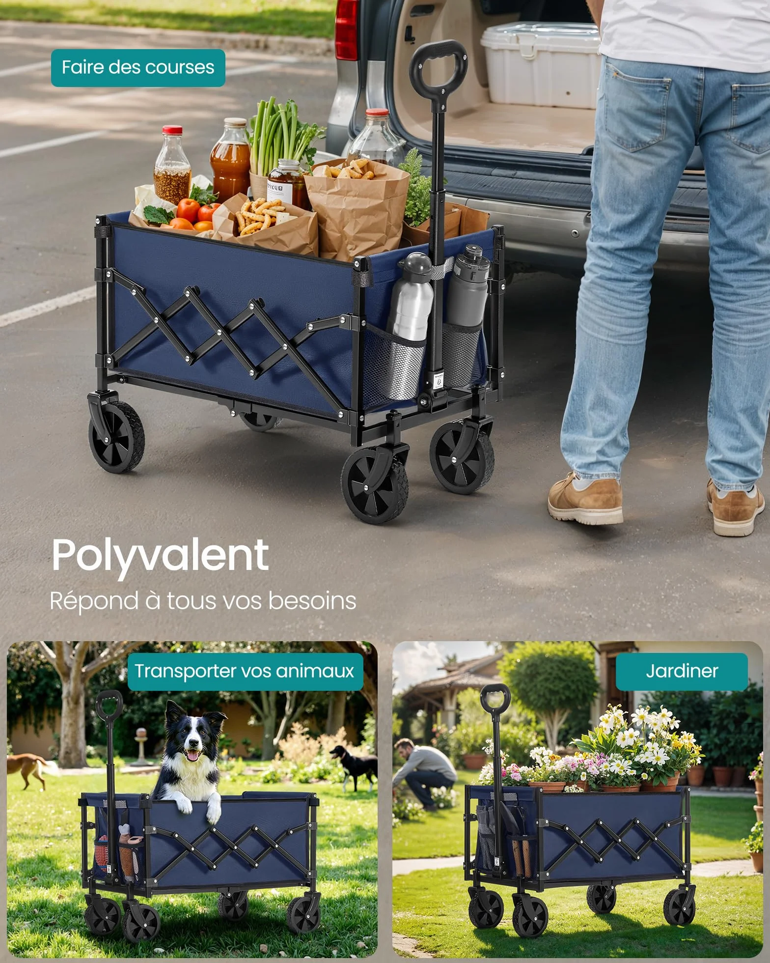 SONGMICS Chariot de Transport Pliable, Compact, 4 Roues Renforcées, Charge 180 kg, 90 L, Bleu Minuit