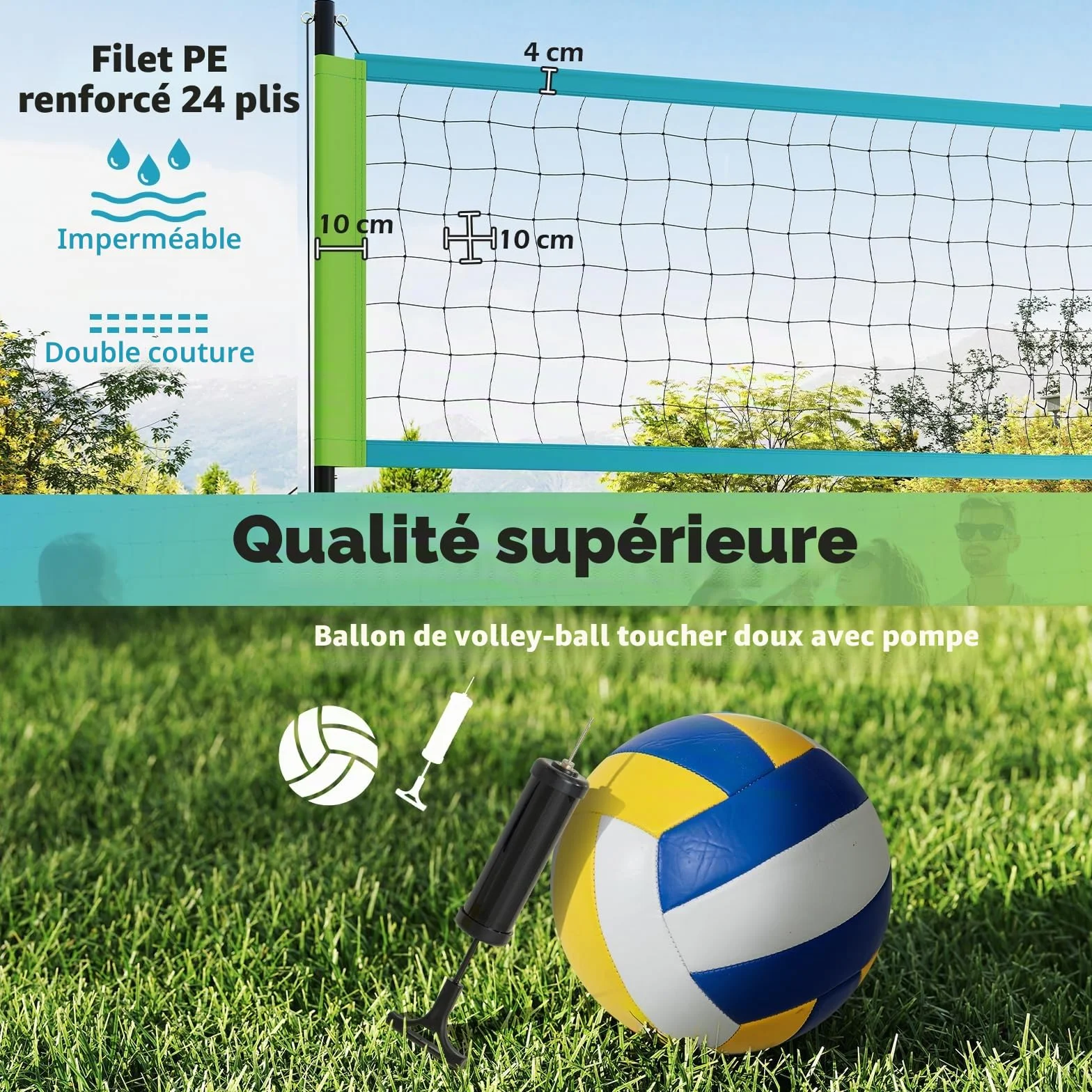 LIFEZEAL Filet de Volleyball 9,75m x 90 cm pour Piscine Portable avec poteaux réglables, Pompe, Sac de Transport